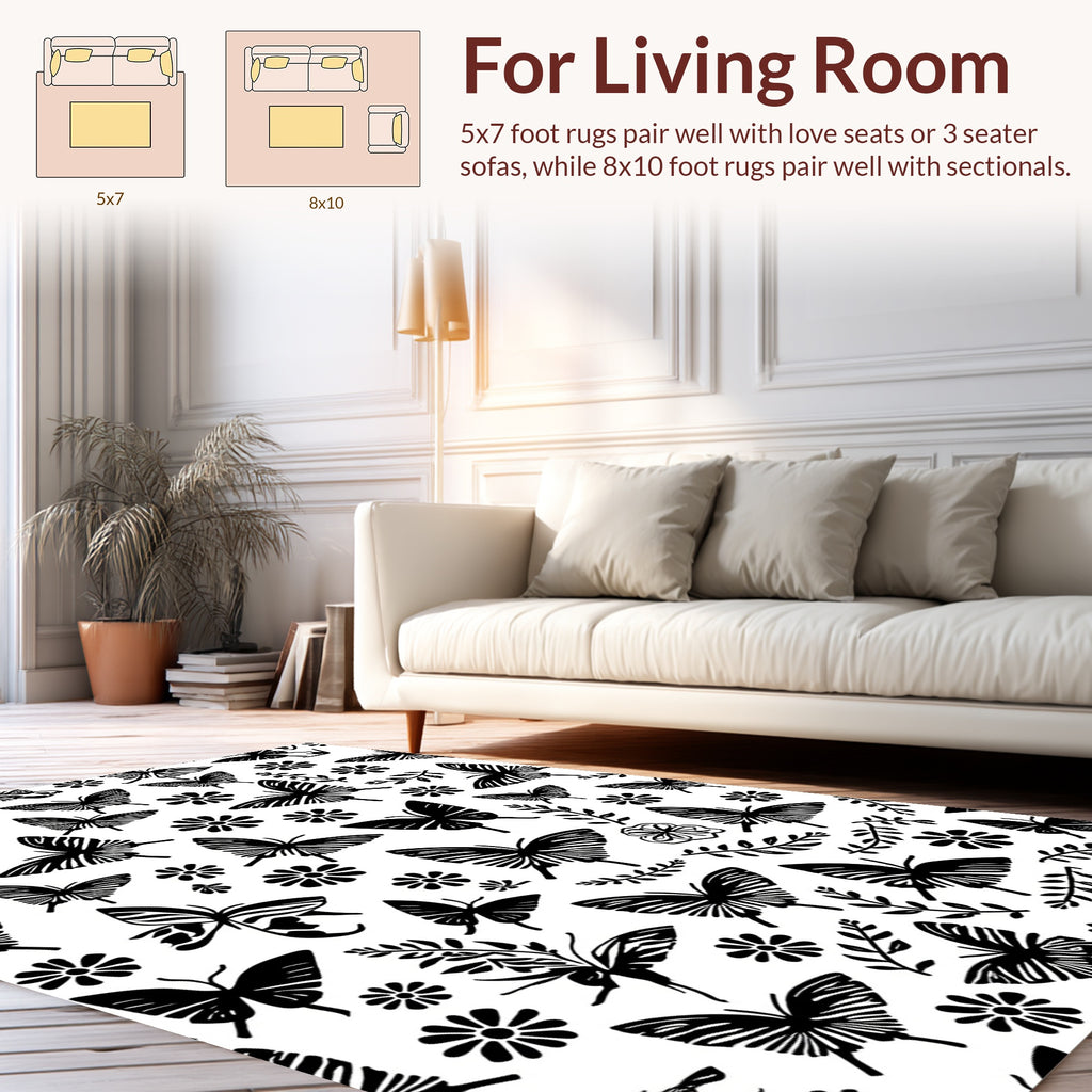 Black Butterfly Floral Pattern Rug