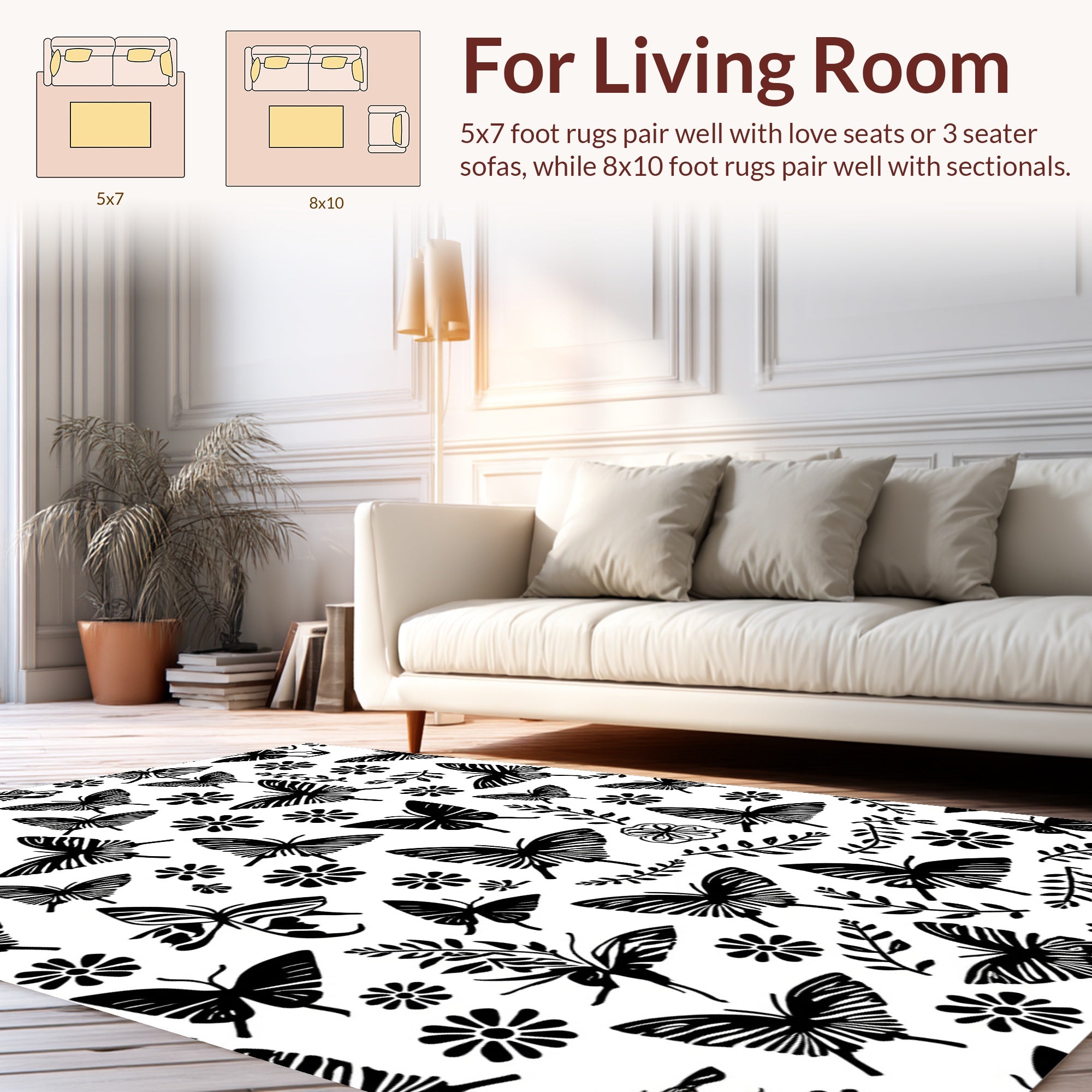Black Butterfly Floral Pattern Rug