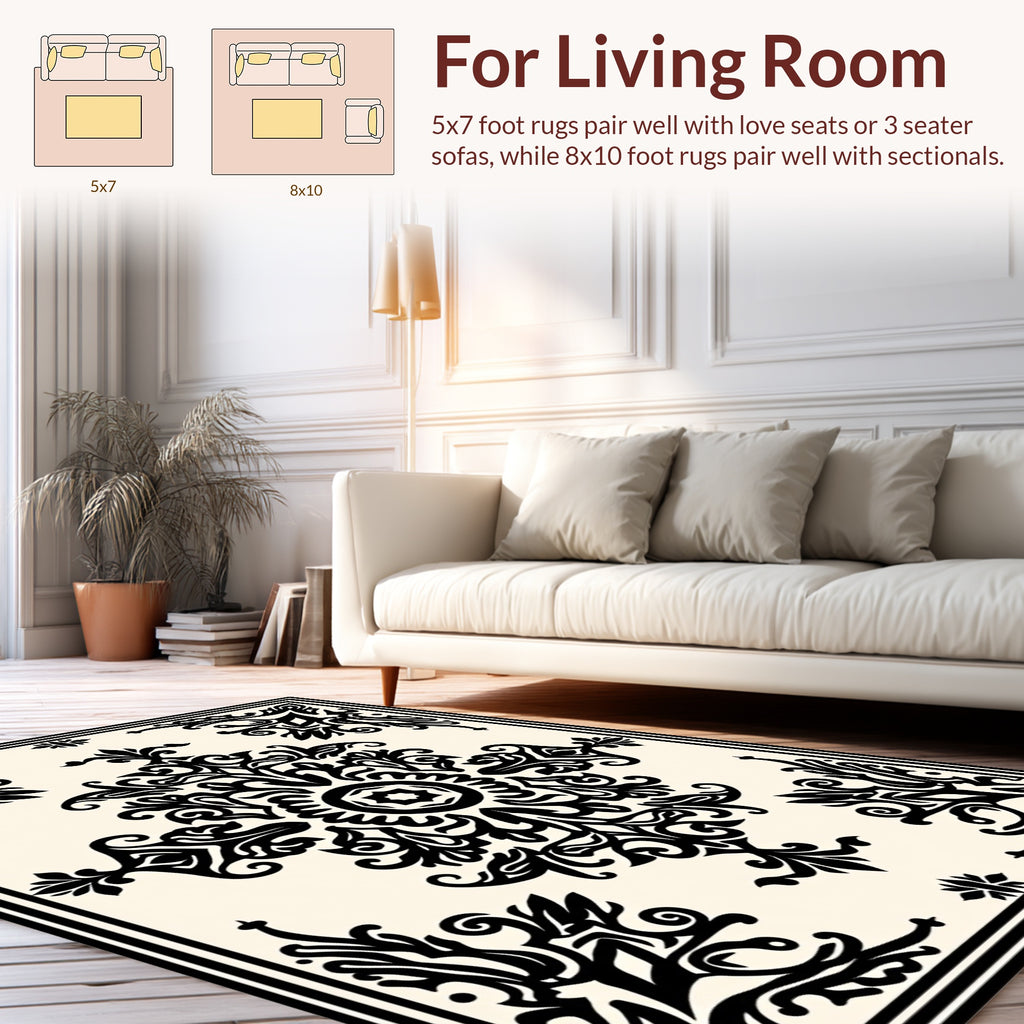 Black Ivory Ornate Floral Damask Rug