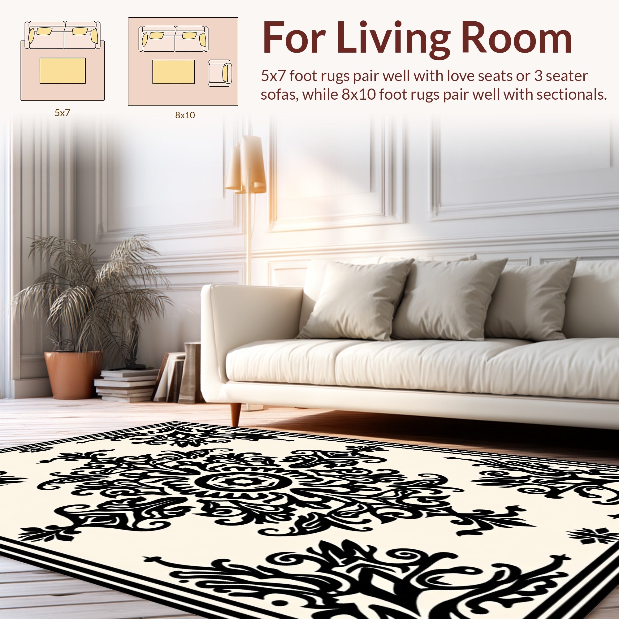 Black Ivory Ornate Floral Damask Rug