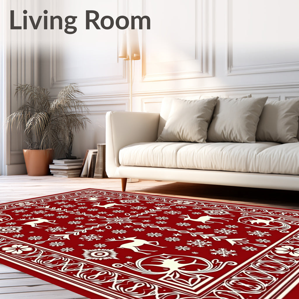 Crimson Deer Snowflake Forest Border Rug