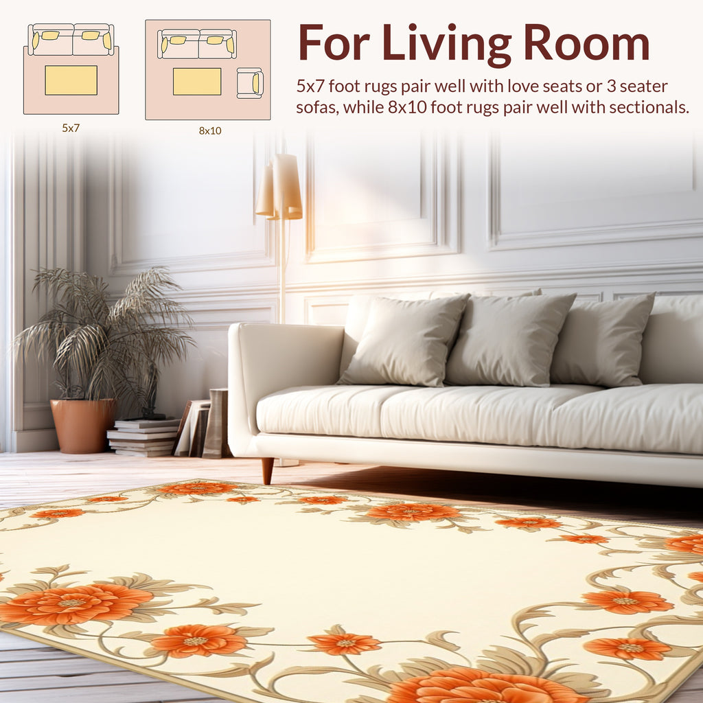 Orange Floral Scroll Pattern Rug