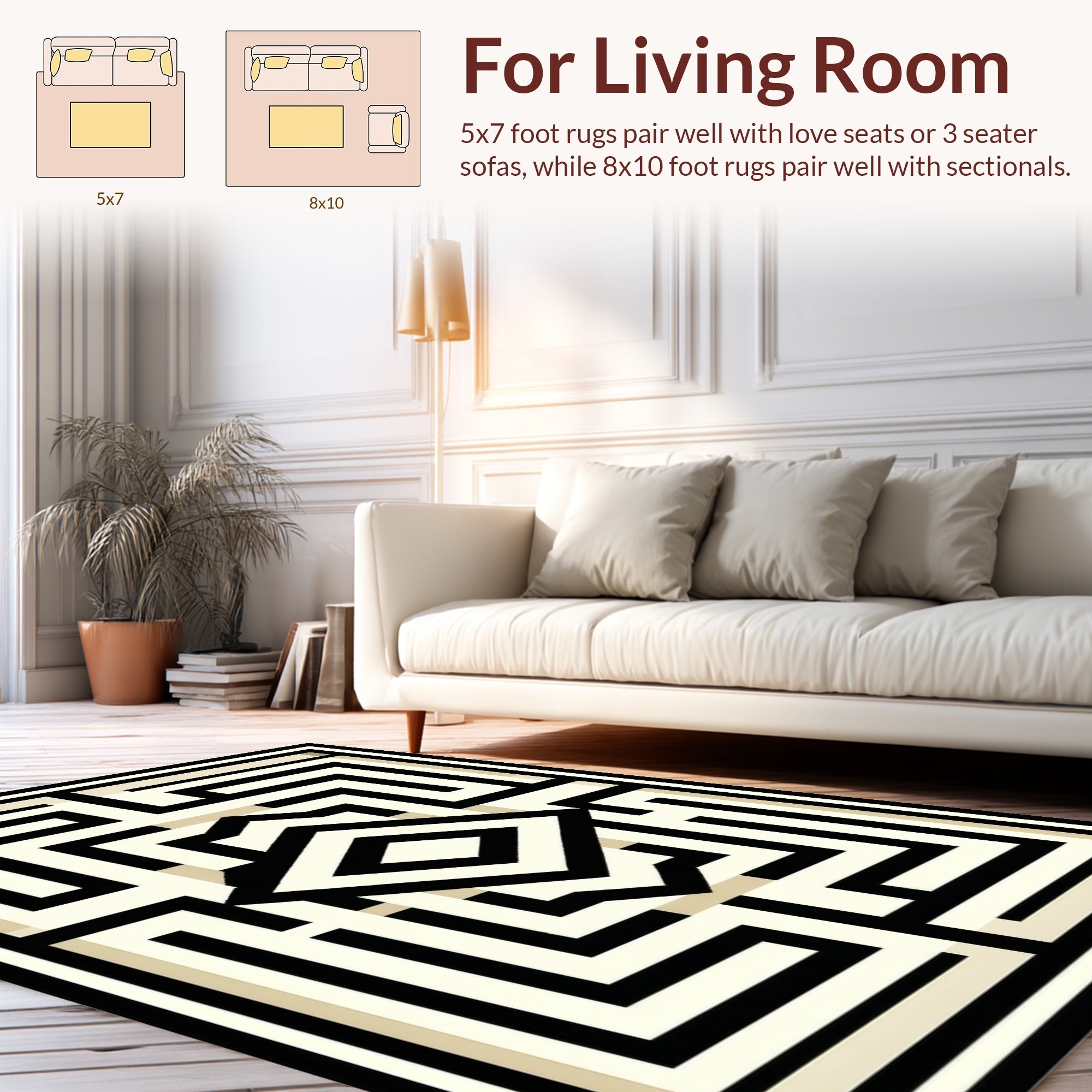 Geometric Maze Black Beige Pattern Rug