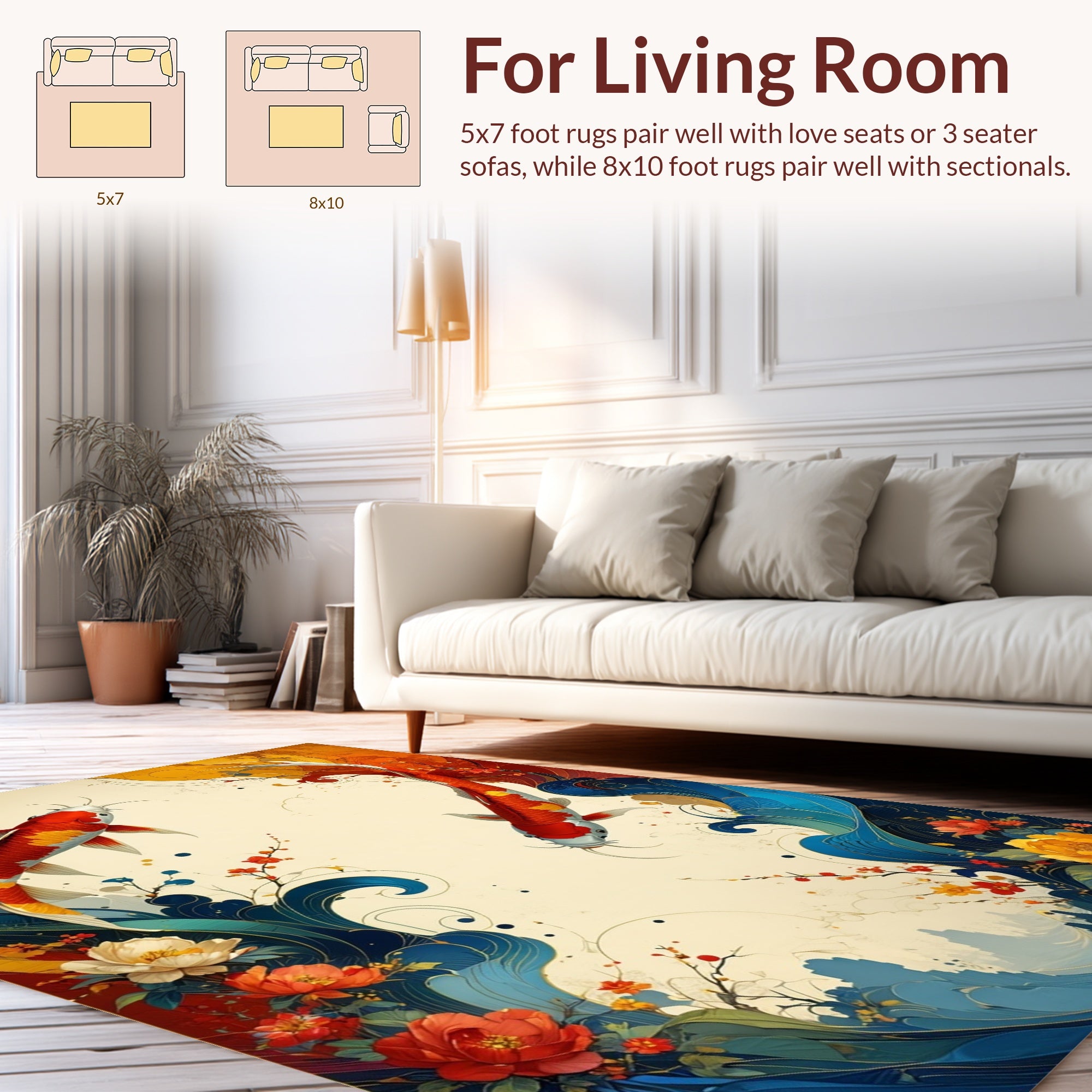 Flowing Koi Fish Floral Waves Pattern Rug