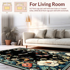 Black Floral Insect Garden Pattern Rug
