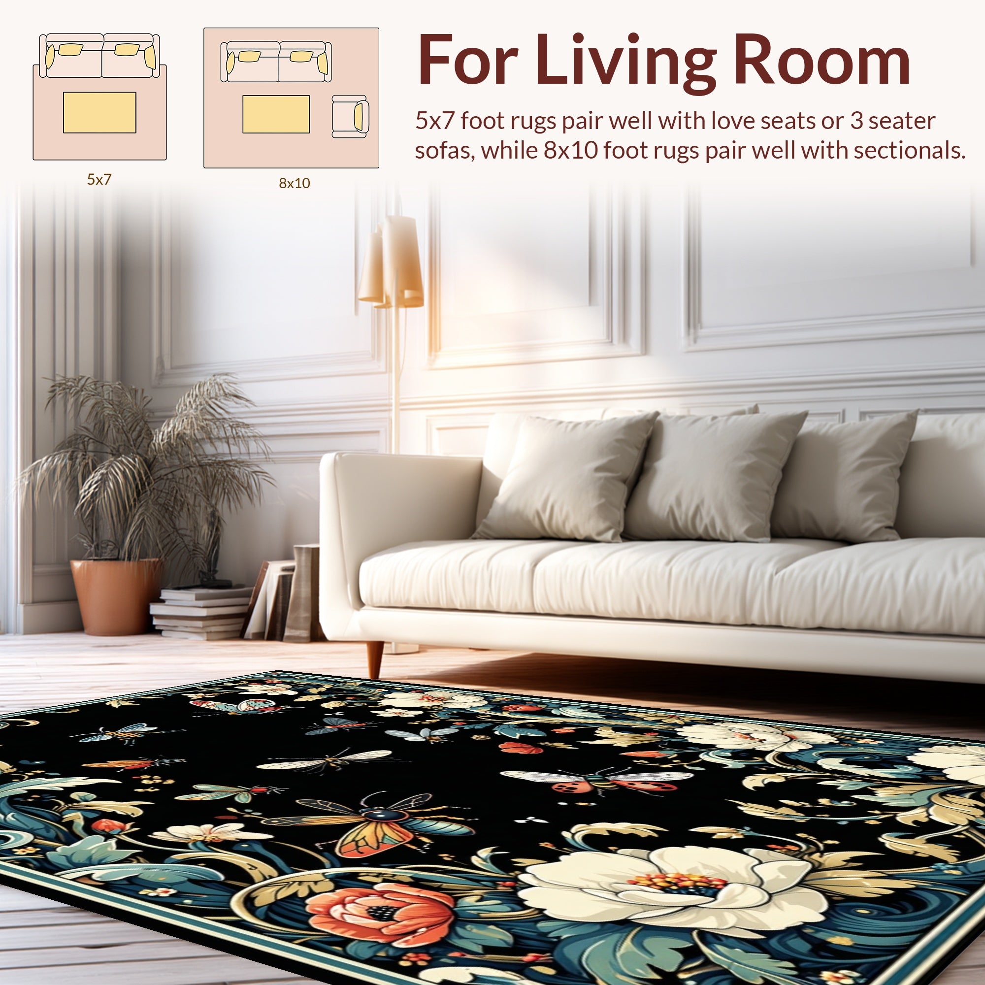 Black Floral Insect Garden Pattern Rug