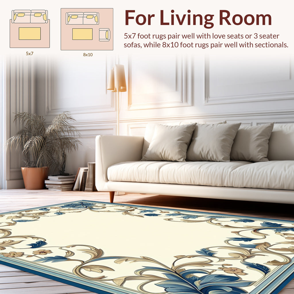 Ornate Blue Floral Scrollwork Pattern Rug