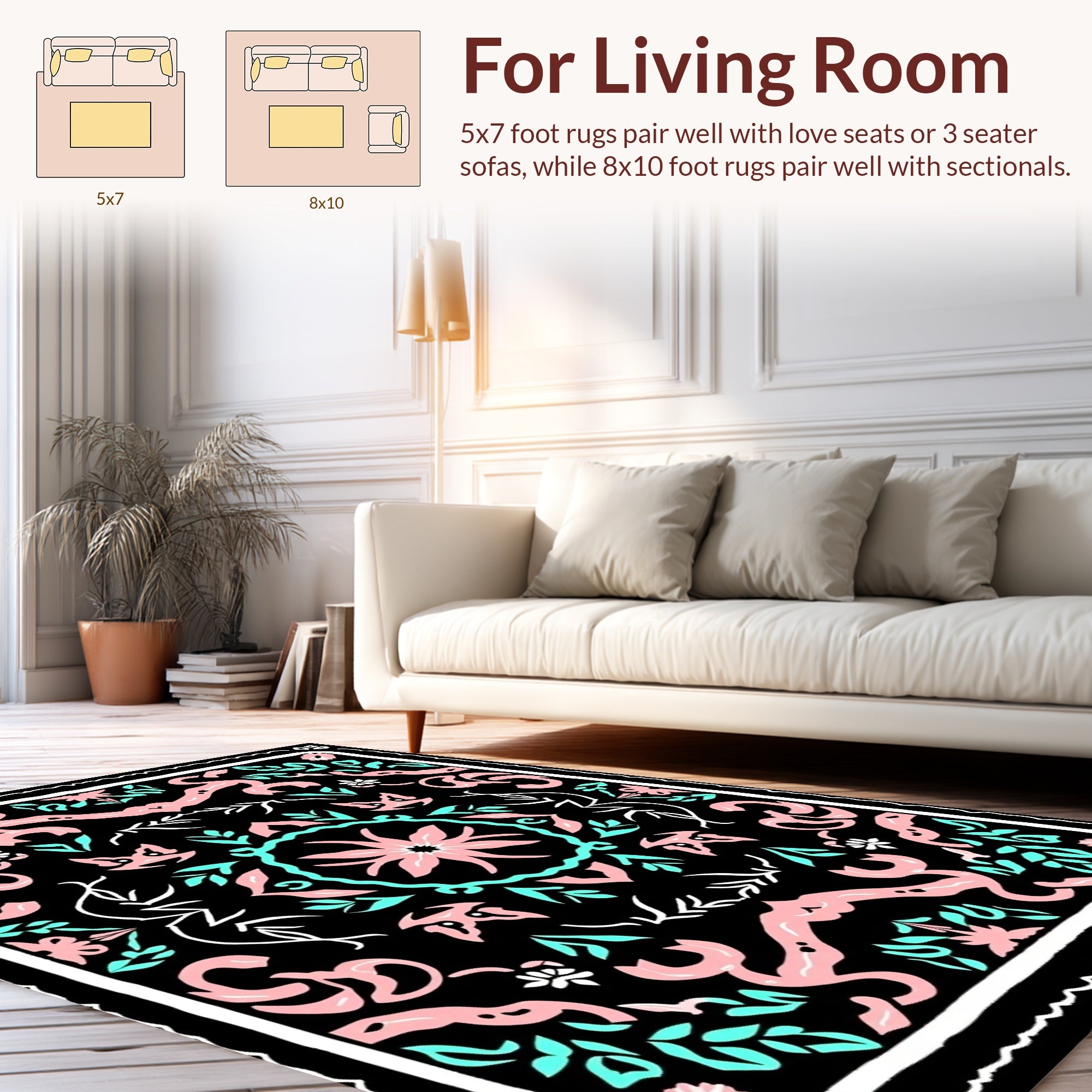 Pink Teal Floral Whimsical Pattern Rug