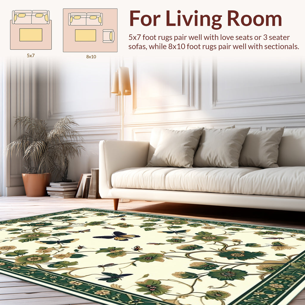 Green Floral Butterfly Garden Design Rug