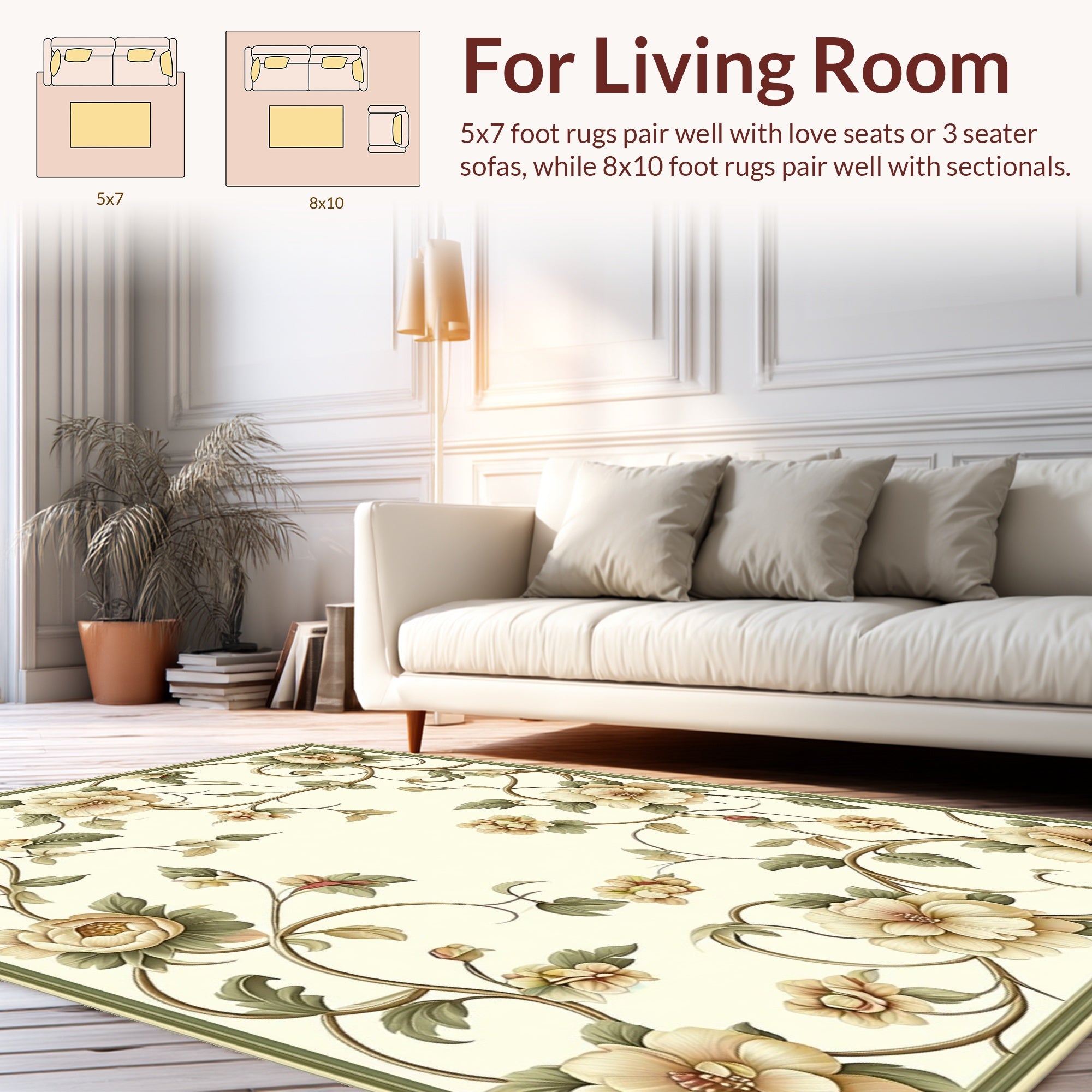 Creamy Floral Vine Scroll Design Rug
