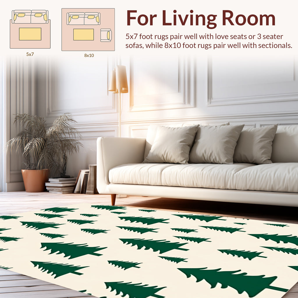 Green Tree Patterned Cream Rug