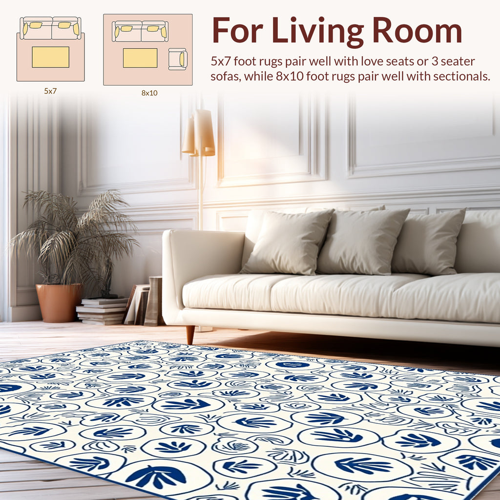 Navy Blue Abstract Botanical Pattern Rug