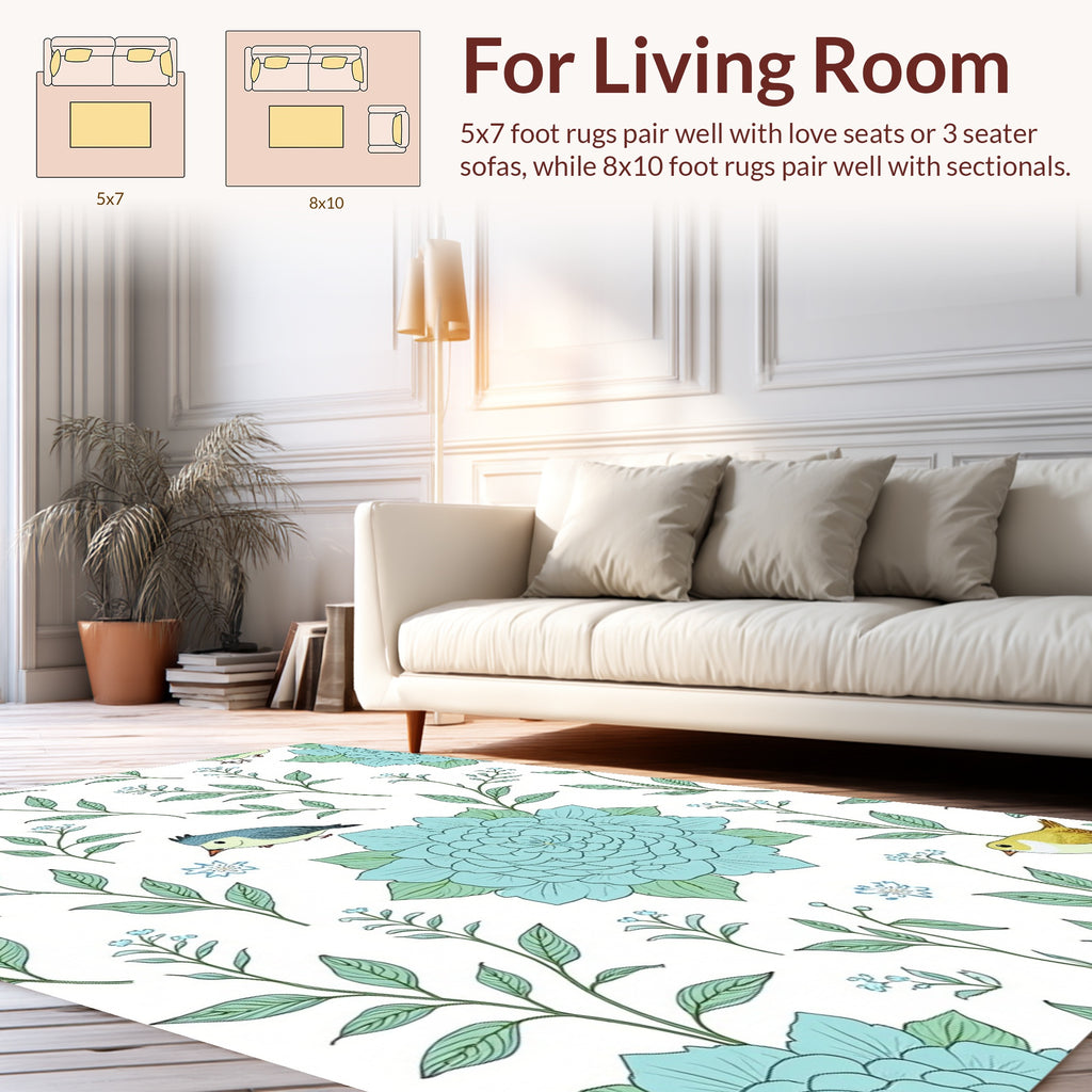 Turquoise Floral And Bird Pattern Rug