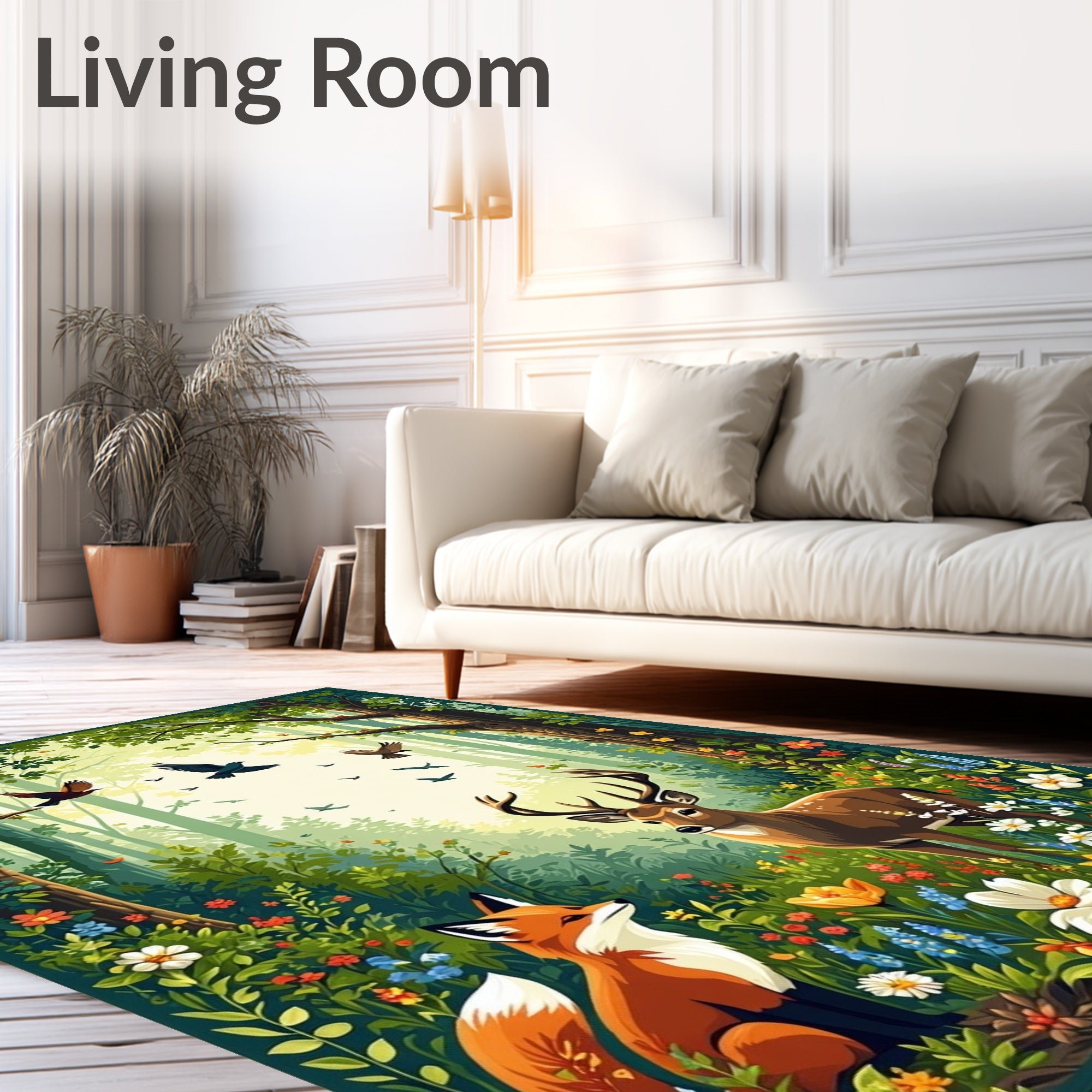 Whimsical Forest Animals Floral Woodland Scene Rug