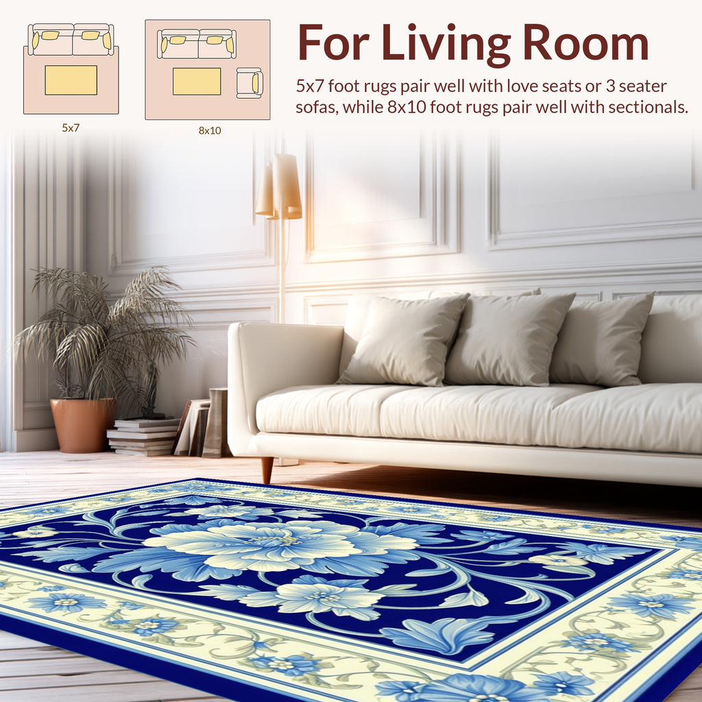 Blue Floral Scrollwork Pattern Rug