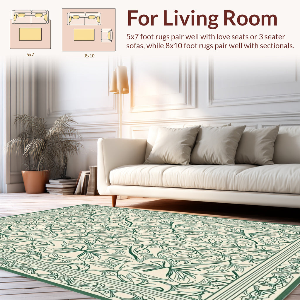 Symmetrical Green Floral Garden Pattern Rug