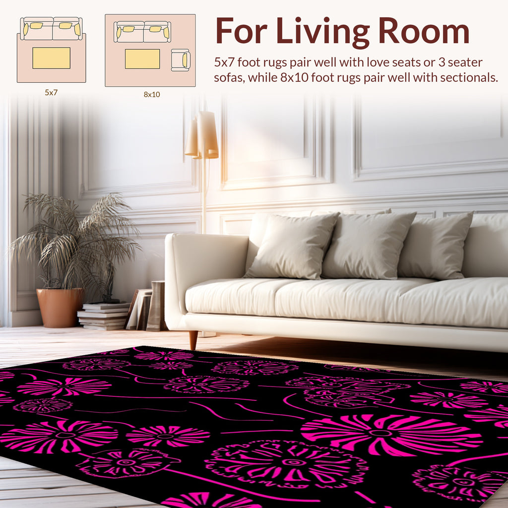 Vibrant Floral Lines Black Pink Rug