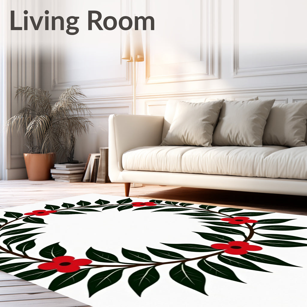 Red Floral Green Leaf Wreath Accent Rug