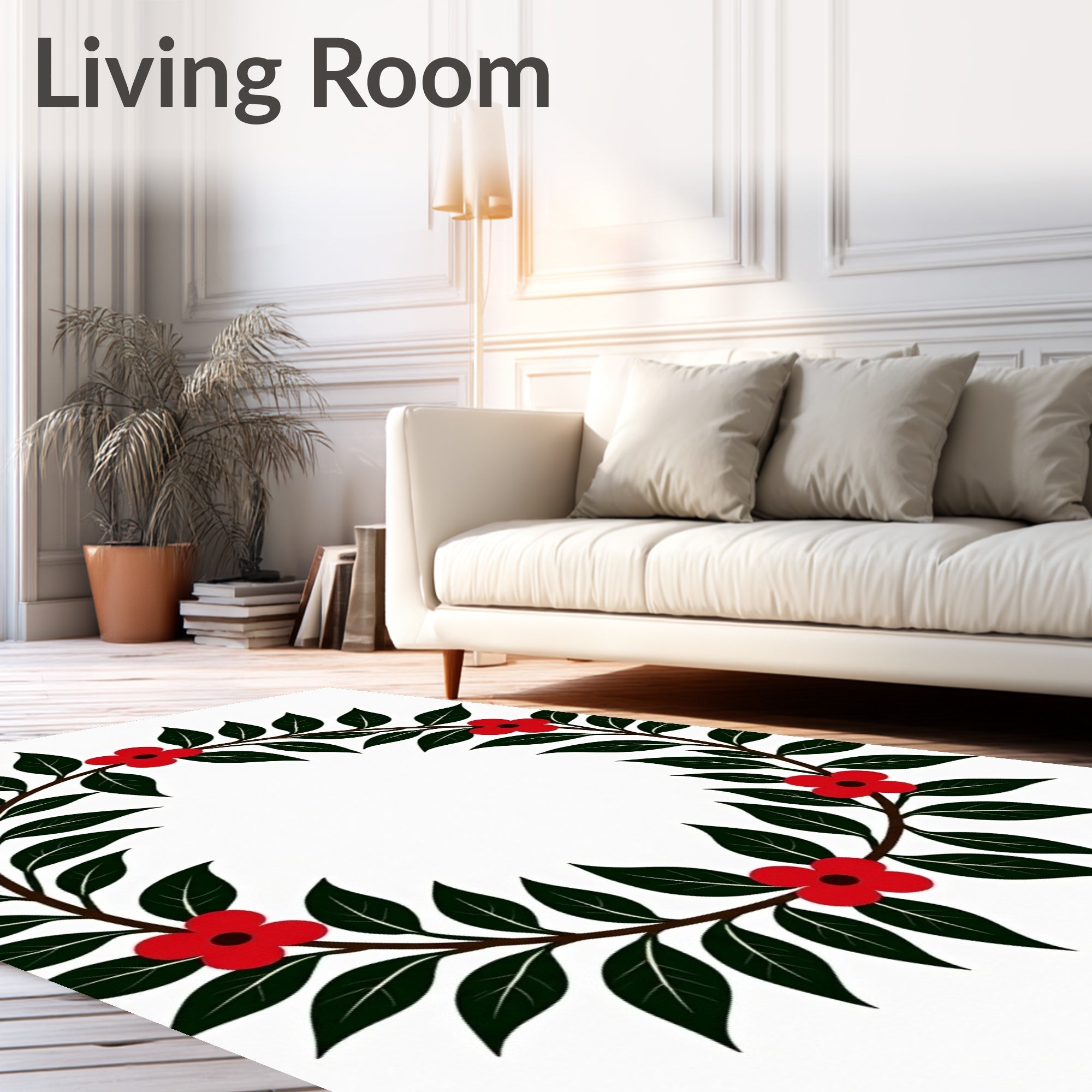 Red Floral Green Leaf Wreath Accent Rug