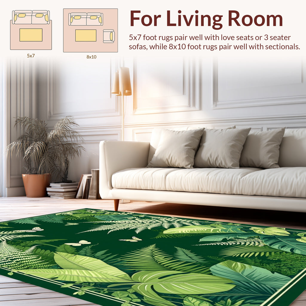 Lush Tropical Fern and Butterfly Pattern Rug