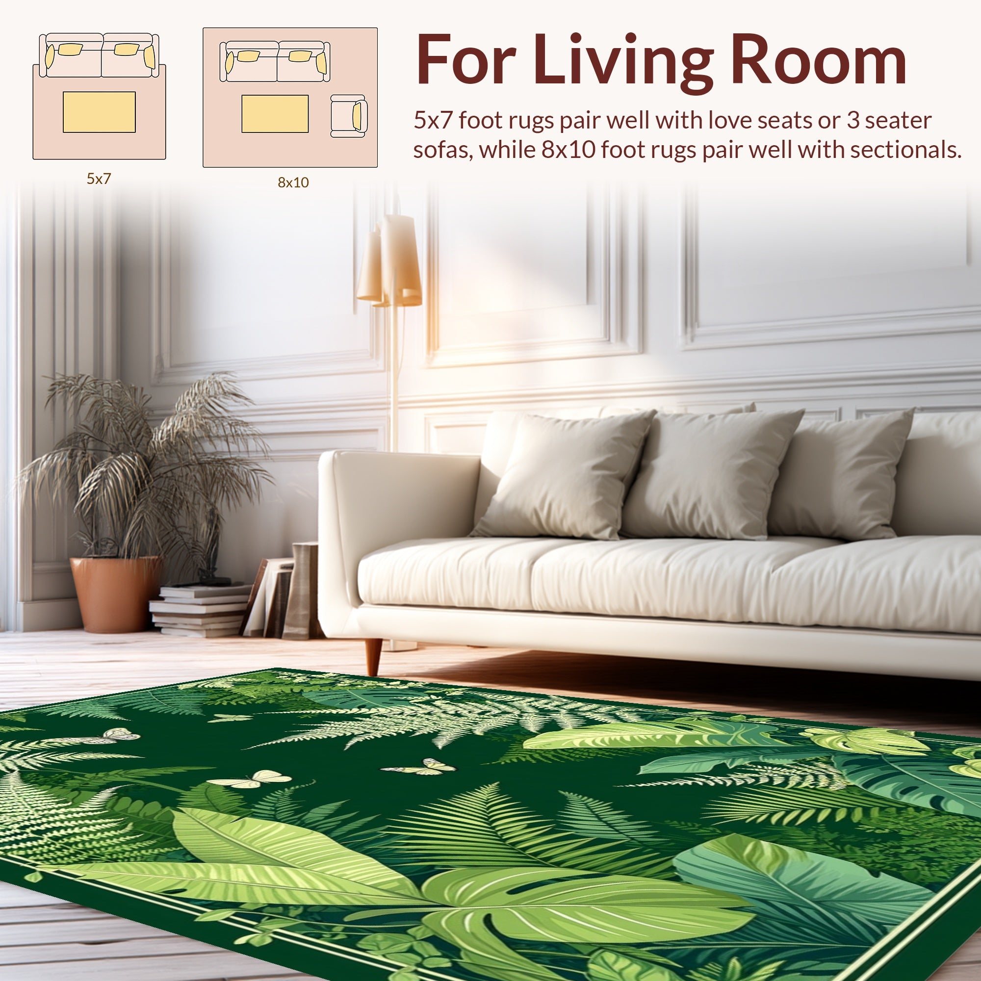 Lush Tropical Fern and Butterfly Pattern Rug
