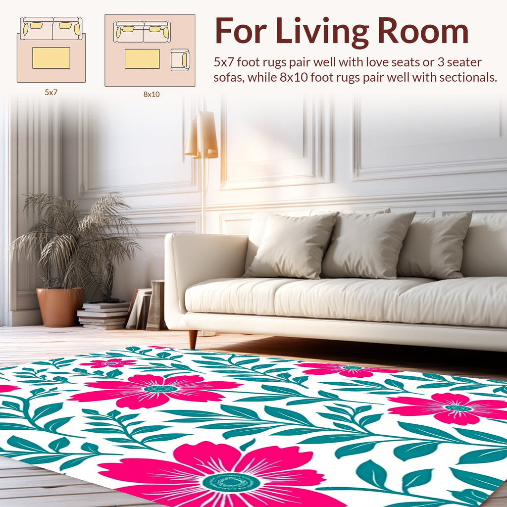 Bold Pink Floral With Teal Leaf Pattern Rug