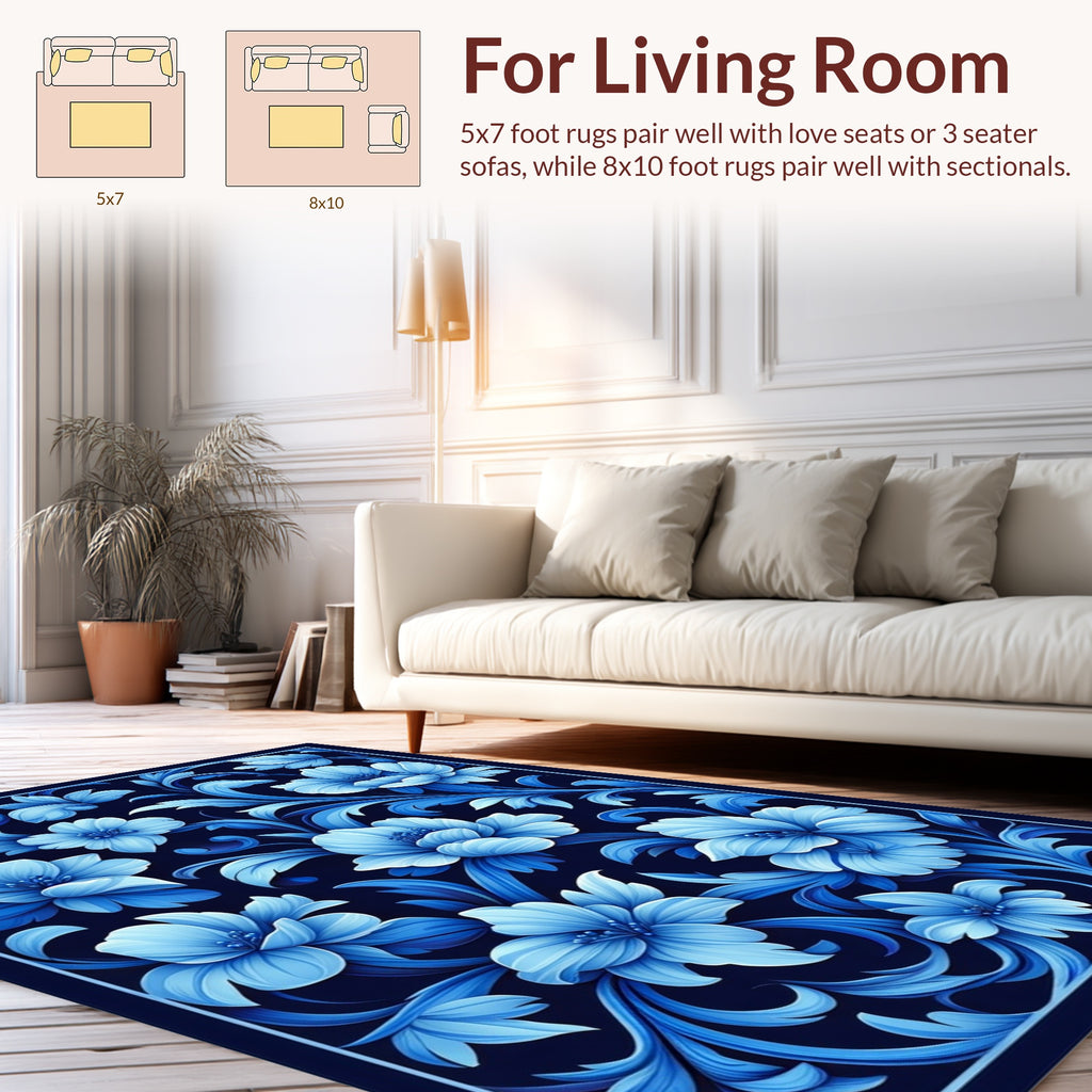 Rich Blue Floral Art Nouveau Pattern Rug