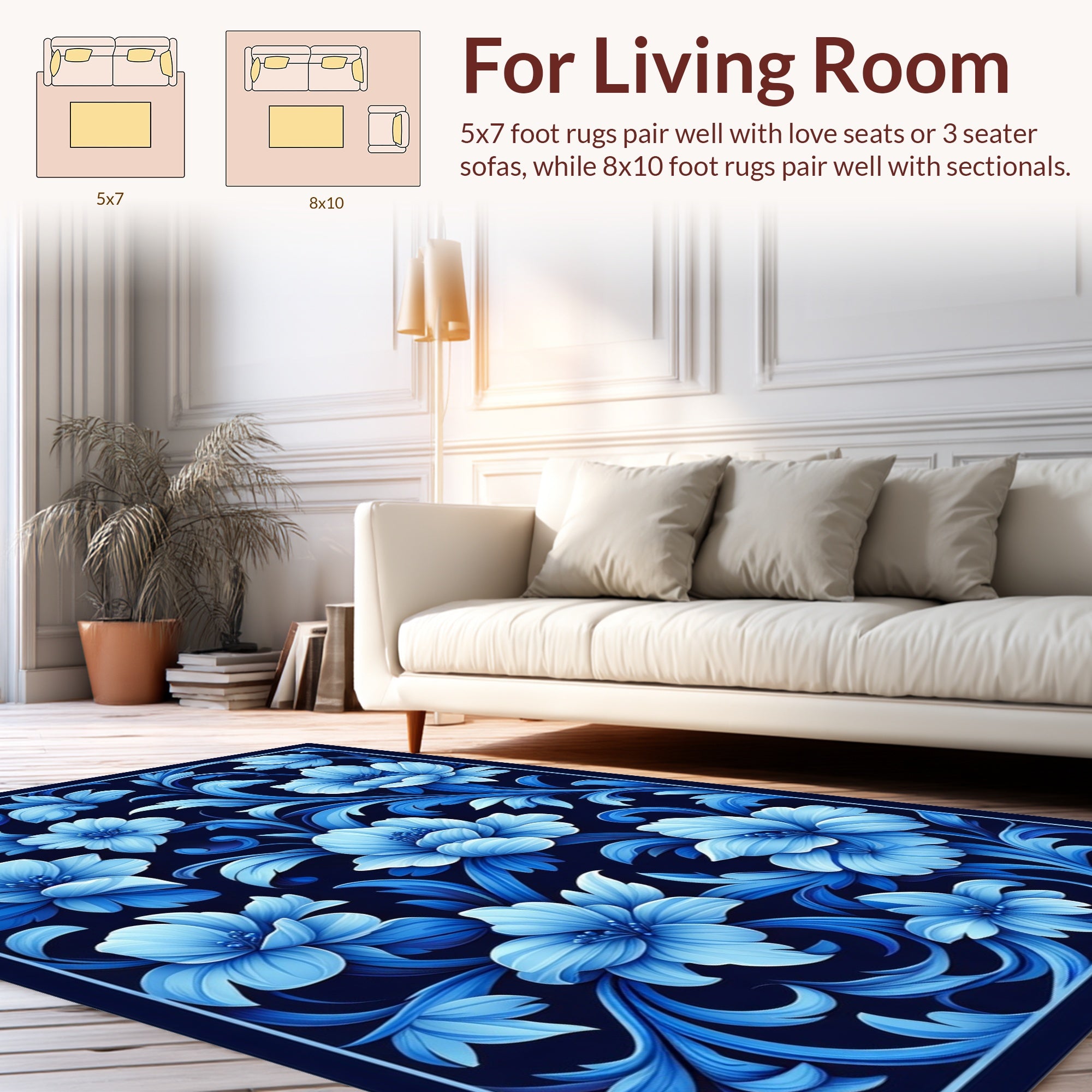 Rich Blue Floral Art Nouveau Pattern Rug