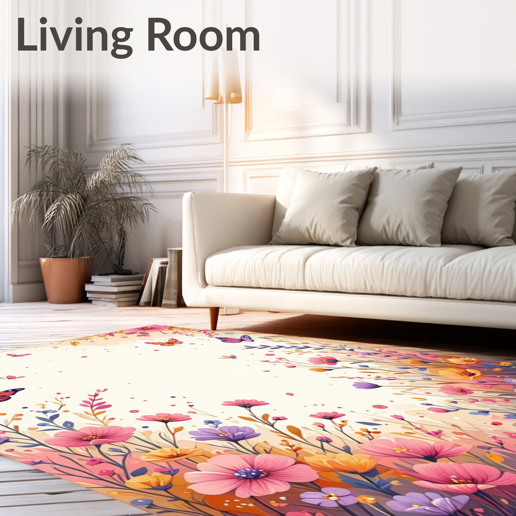 Whimsical Floral Butterfly Meadow Rug