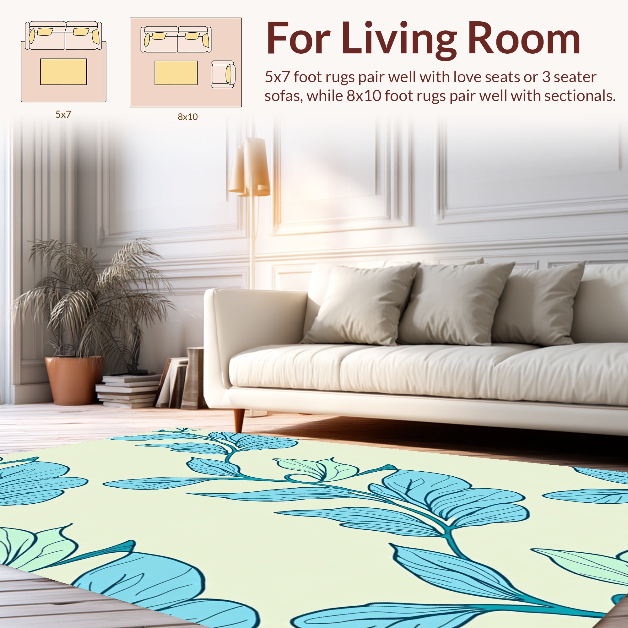 Aqua Blue Botanical Leaf Pattern Rug
