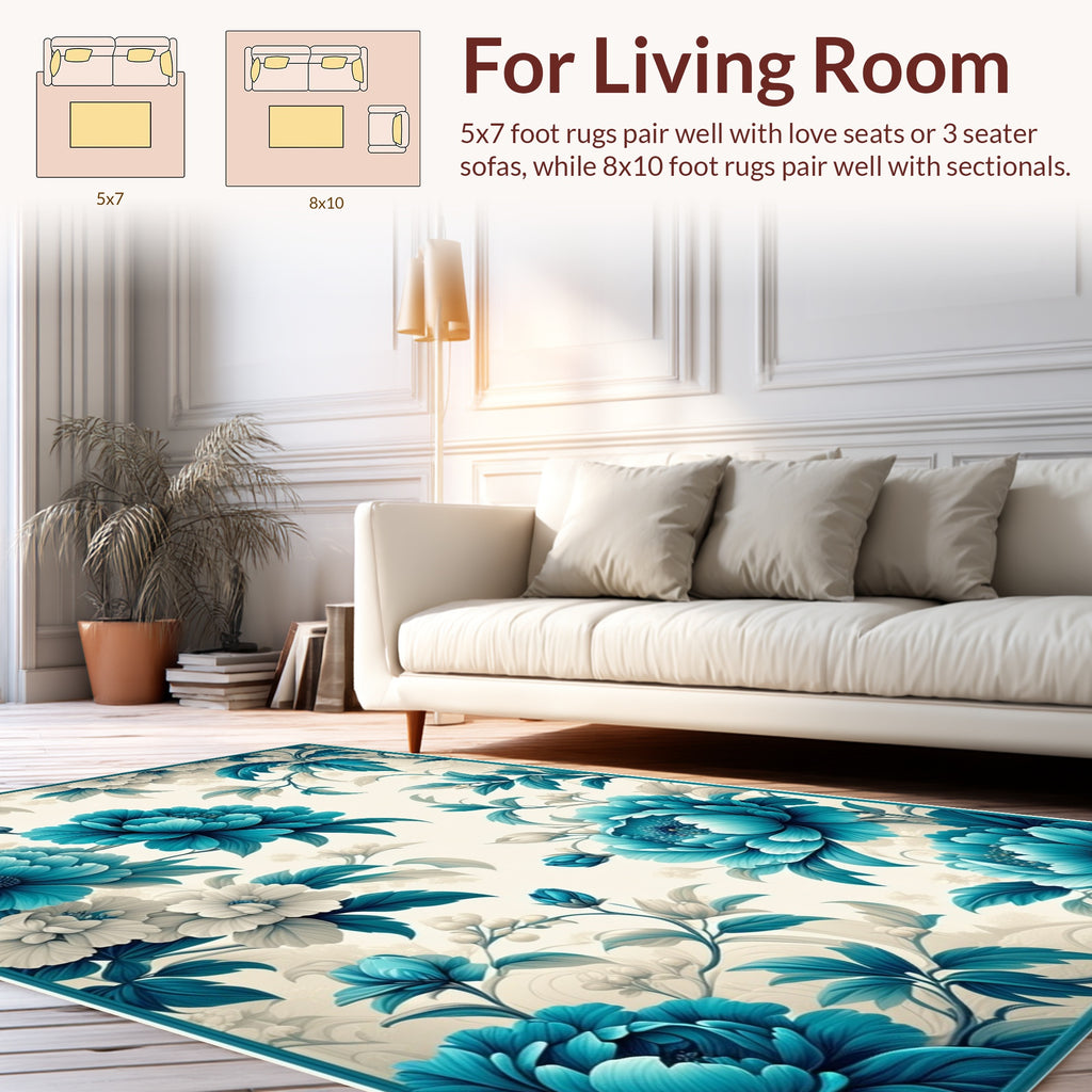Turquoise Floral Branch Pattern Rug