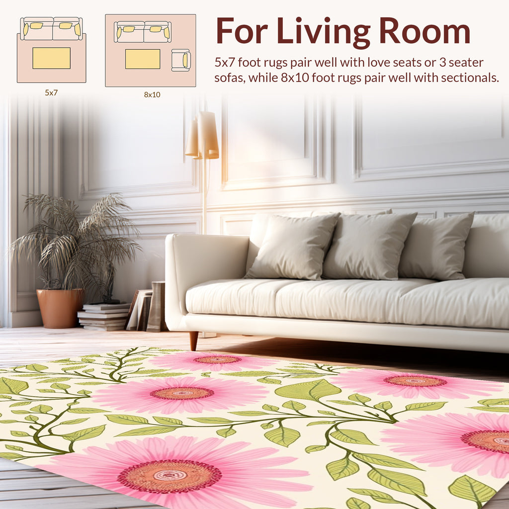 Floral Print Pink Daisy Vine Design Rug