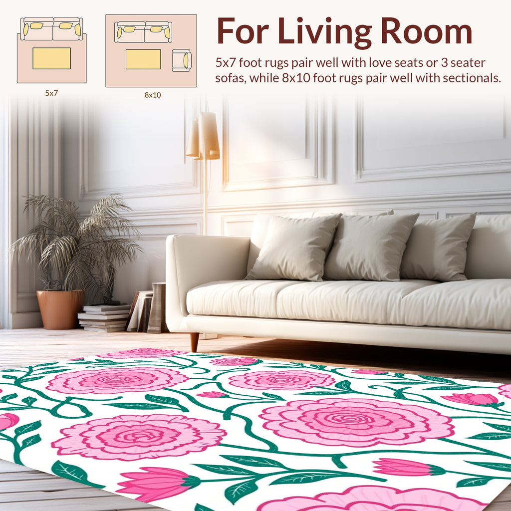 Pink Floral Pattern With Teal Vines Rug