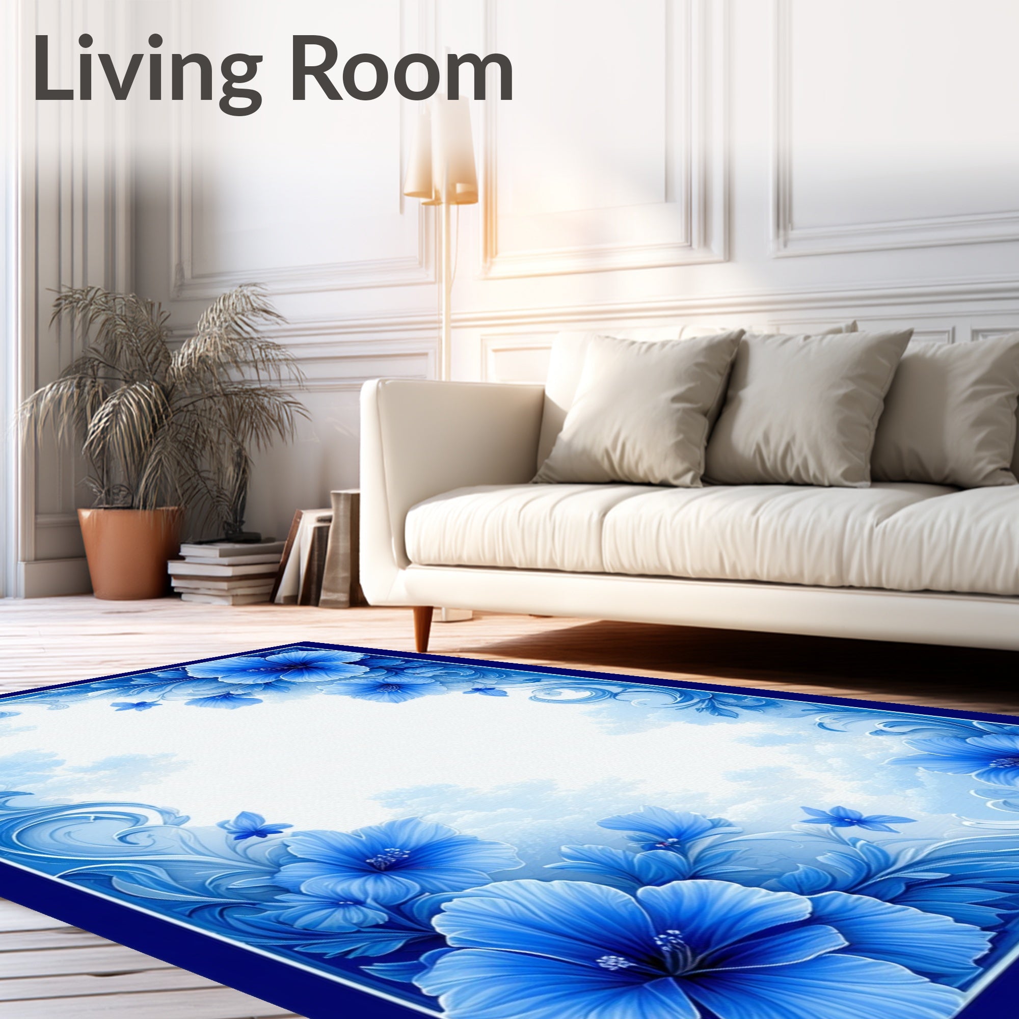 Blue Floral Swirls with Butterflies Pattern Rug