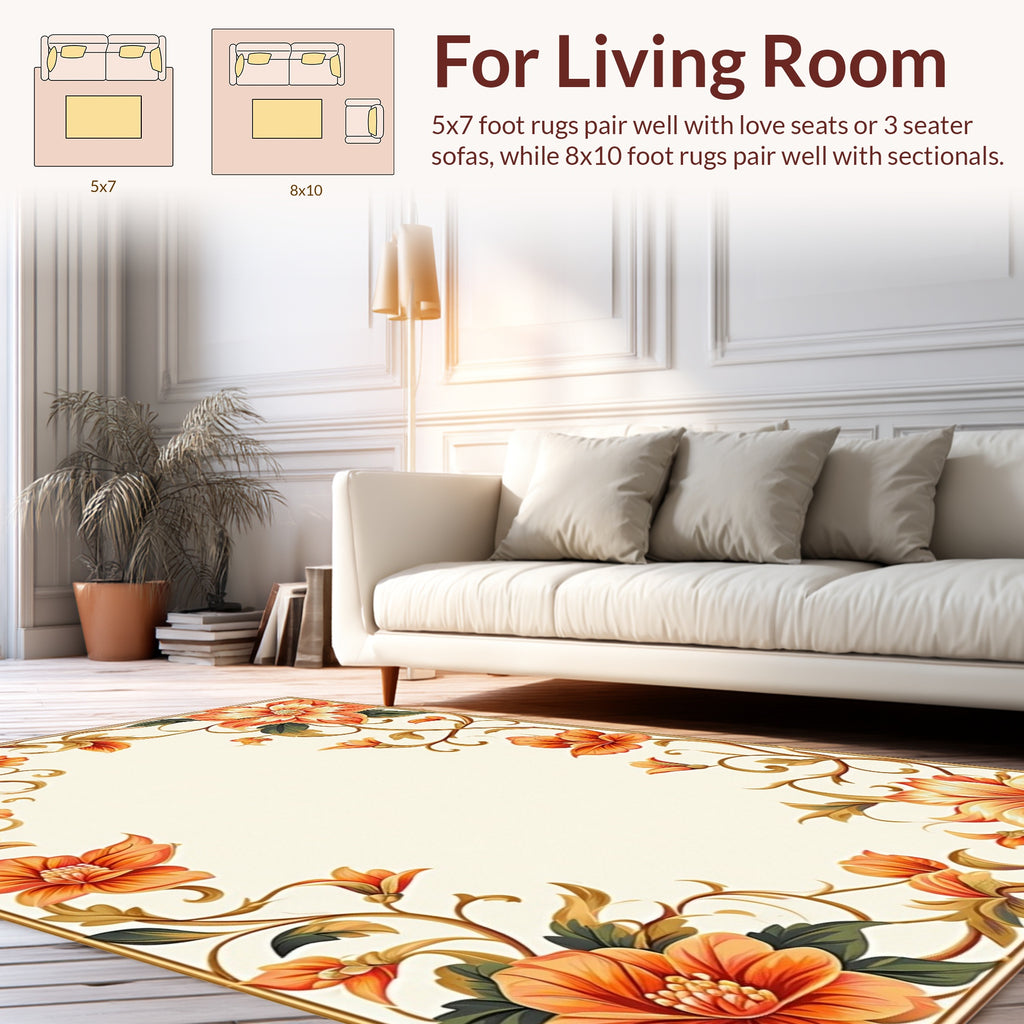 Vibrant Orange Floral Vine Pattern Rug