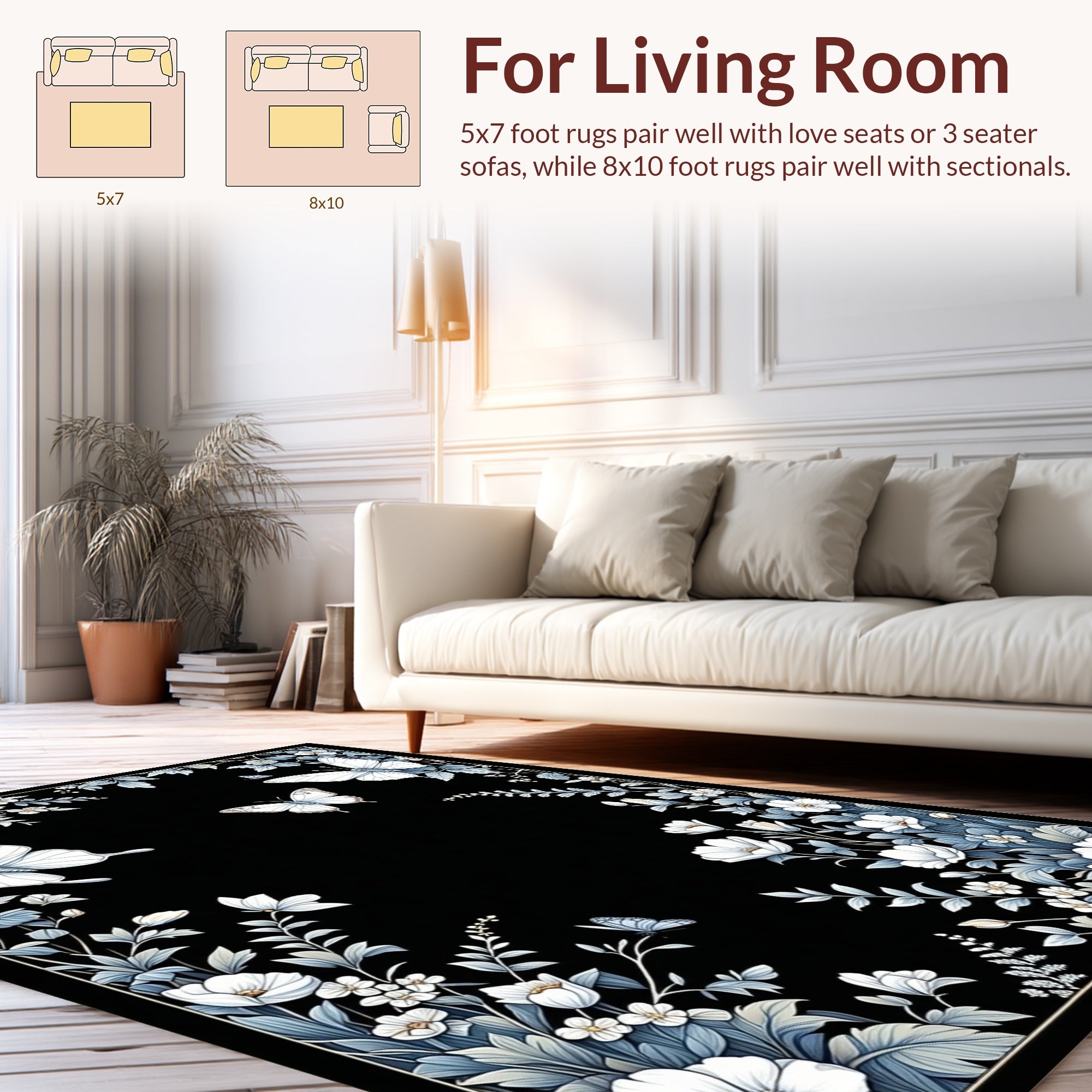 Elegant White Butterfly Floral Pattern Rug