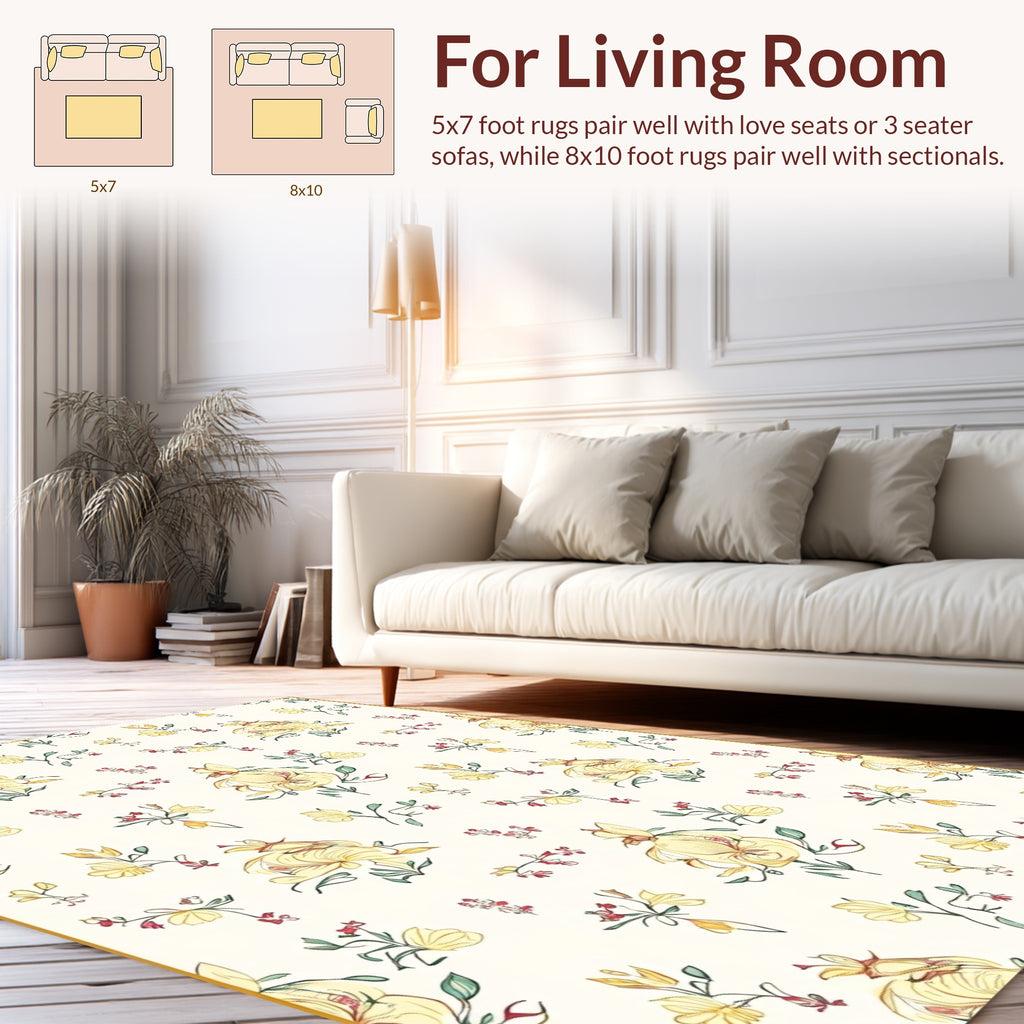 Delicate Yellow Floral Whimsical Pattern Rug