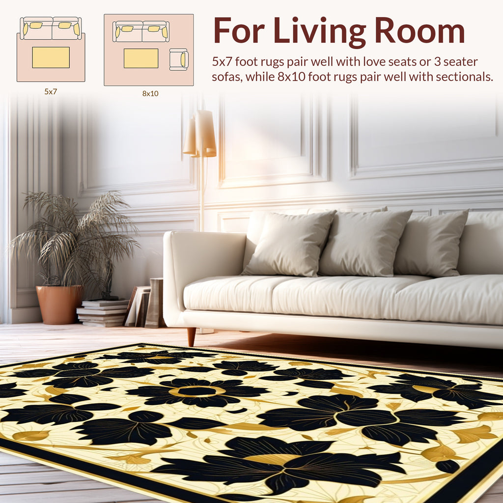 Ornate Black Gold Floral Pattern Rug