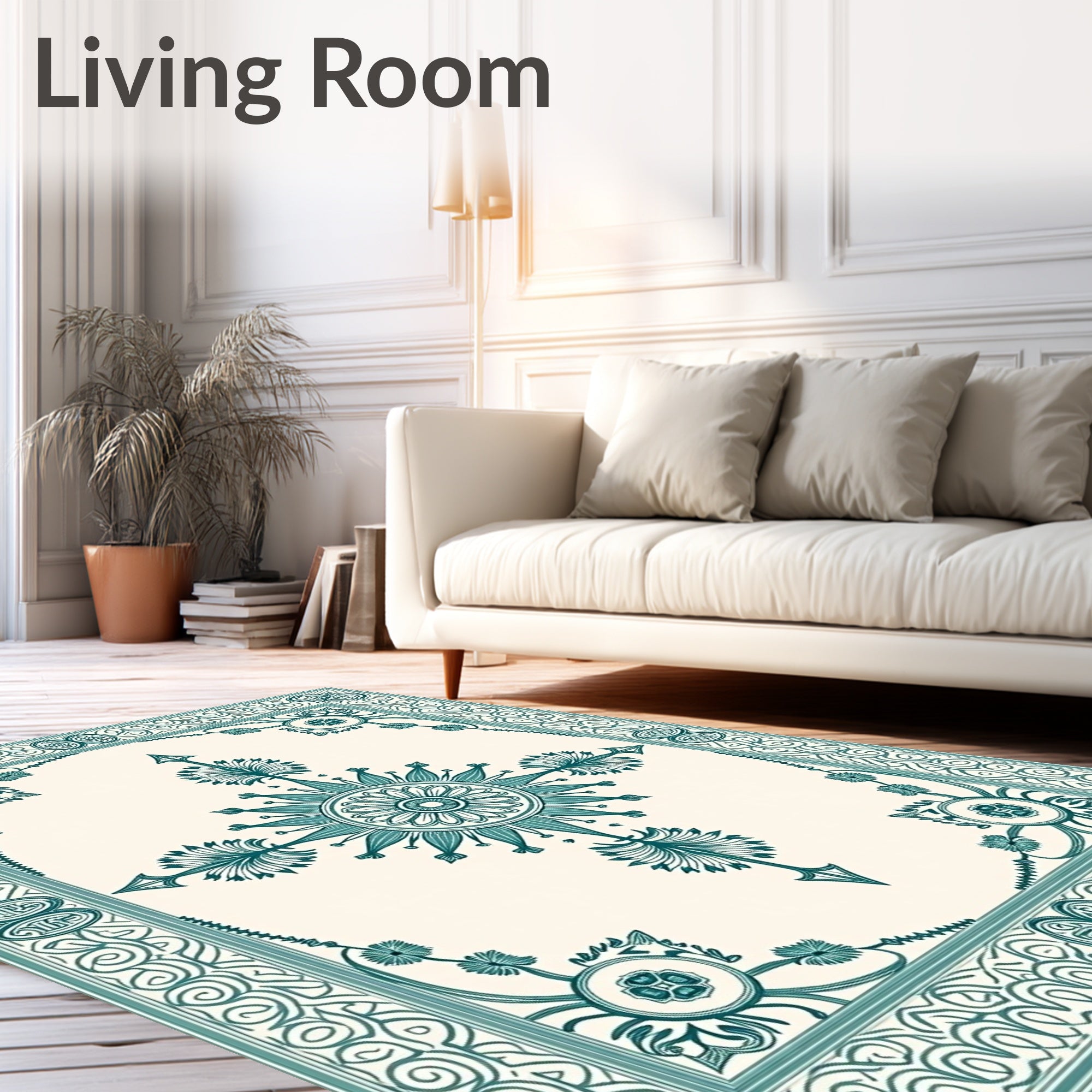 Teal Floral Medallion Rectangular Border Rug
