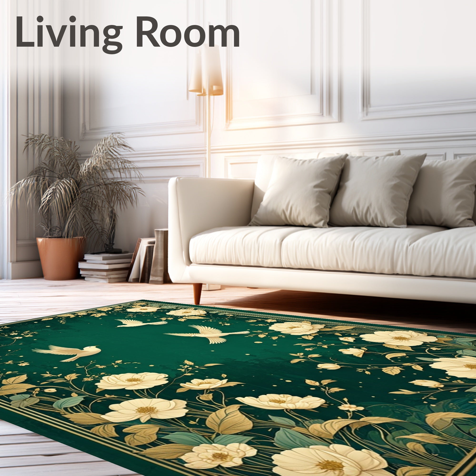 Elegant Floral Bird Garden Scene Rug
