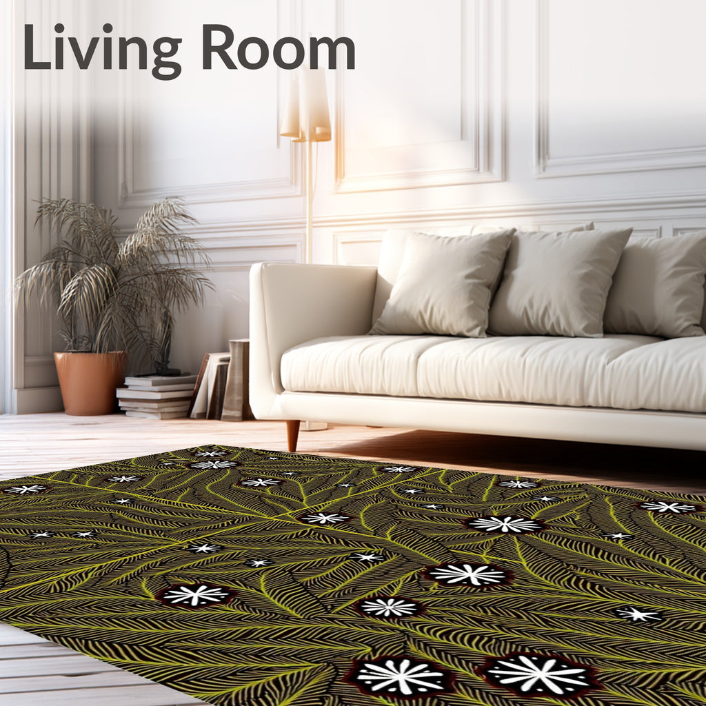 Golden Fern Swirl White Flower Rug