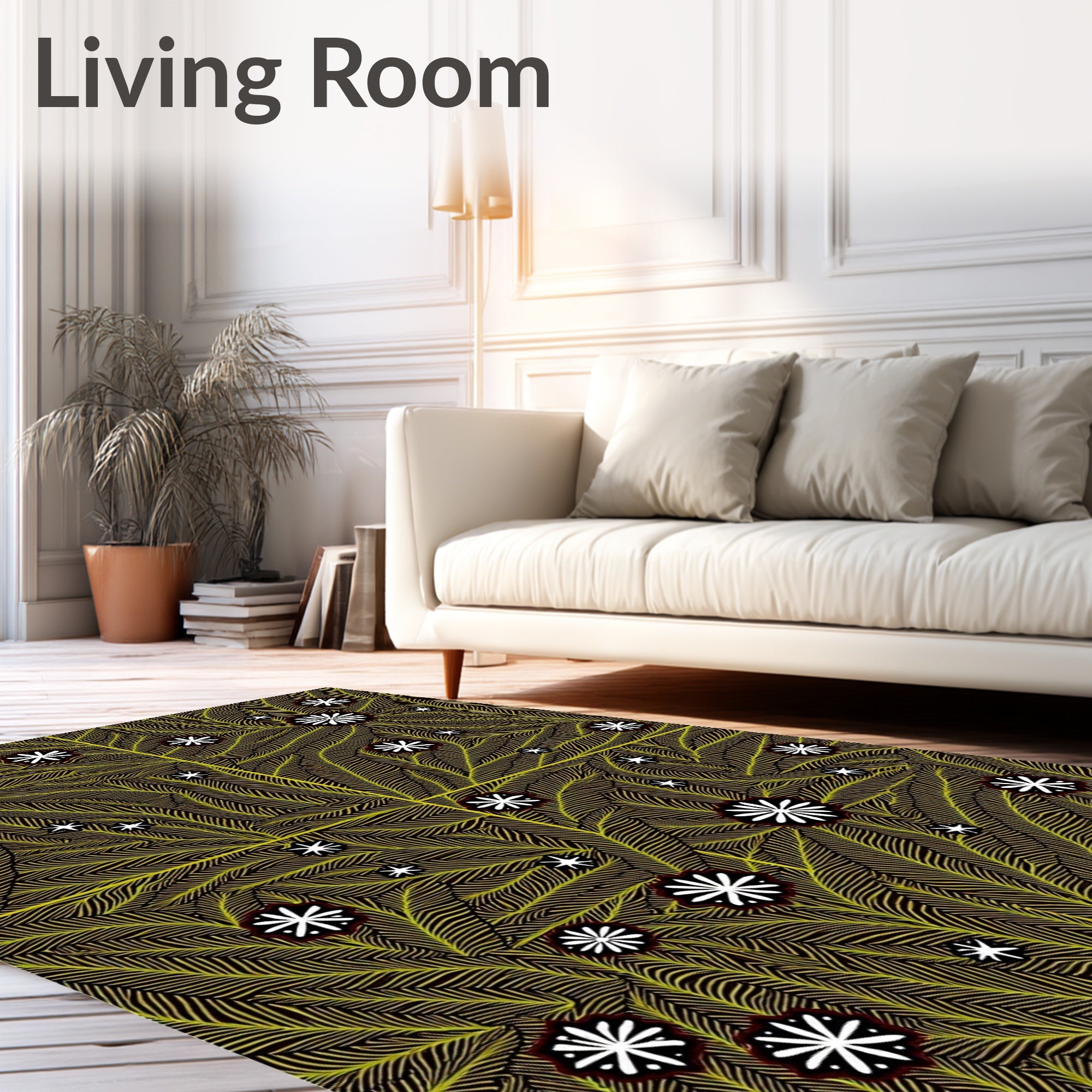 Golden Fern Swirl White Flower Rug