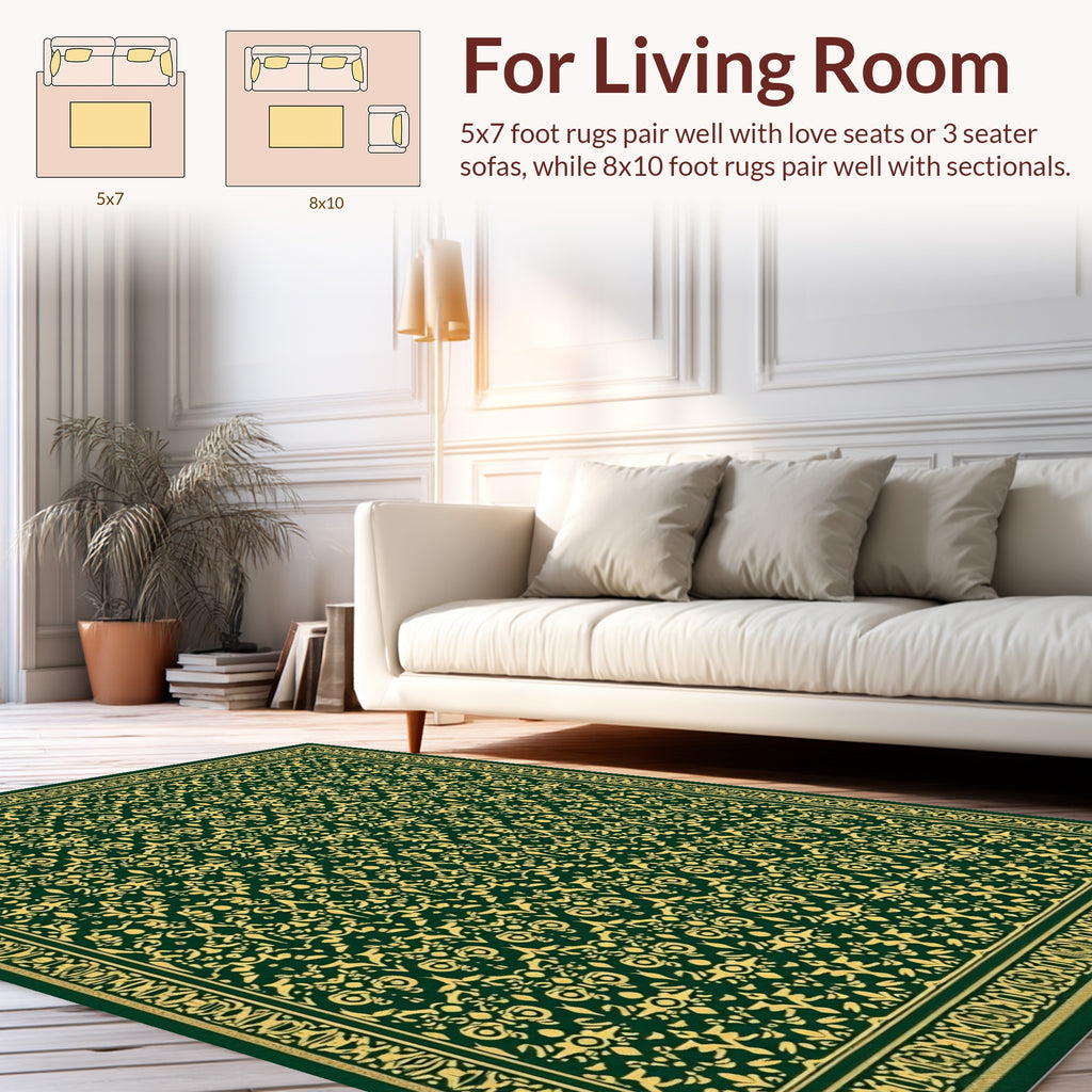 Rich Green Gold Ornate Patterned Rug