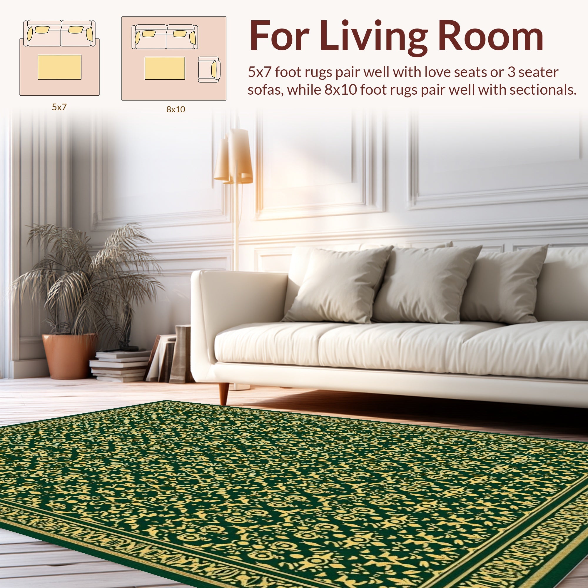 Rich Green Gold Ornate Patterned Rug