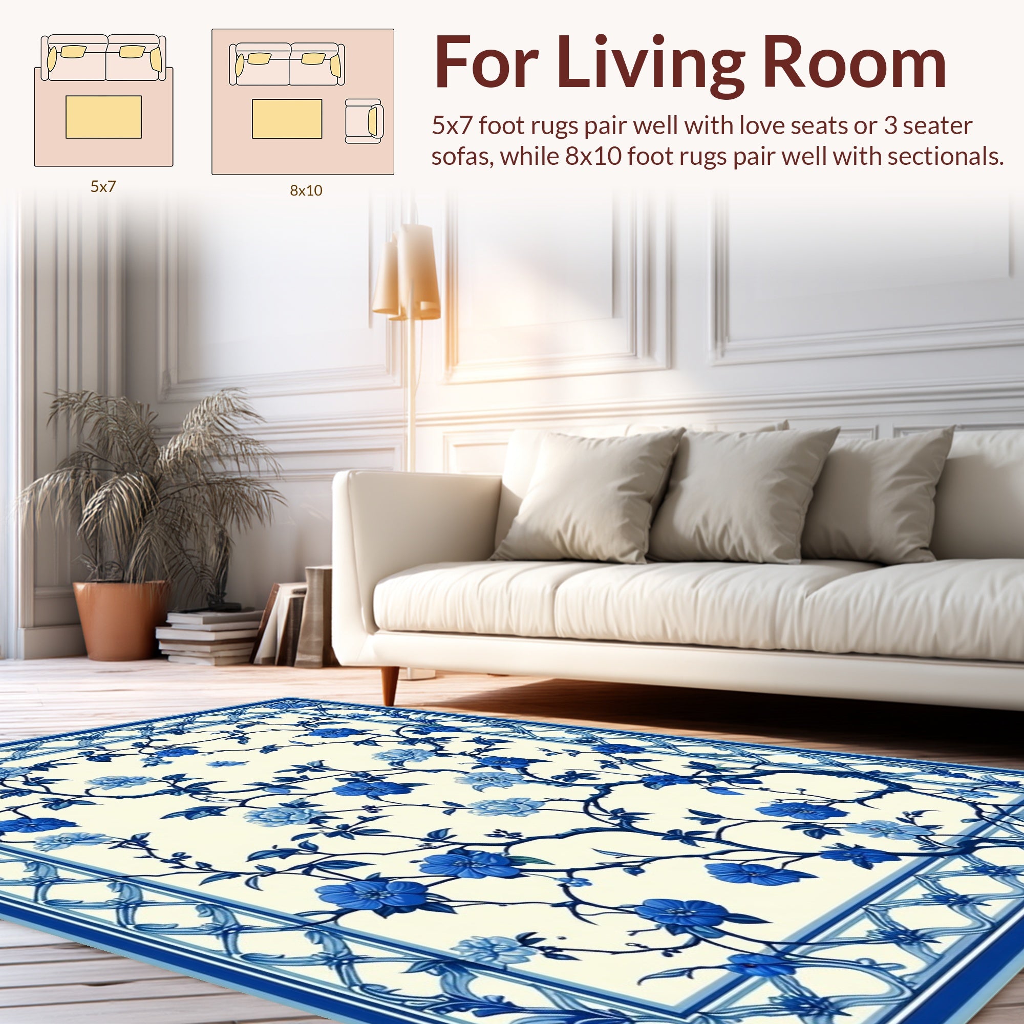 Blue Floral Vine Patterned Rug