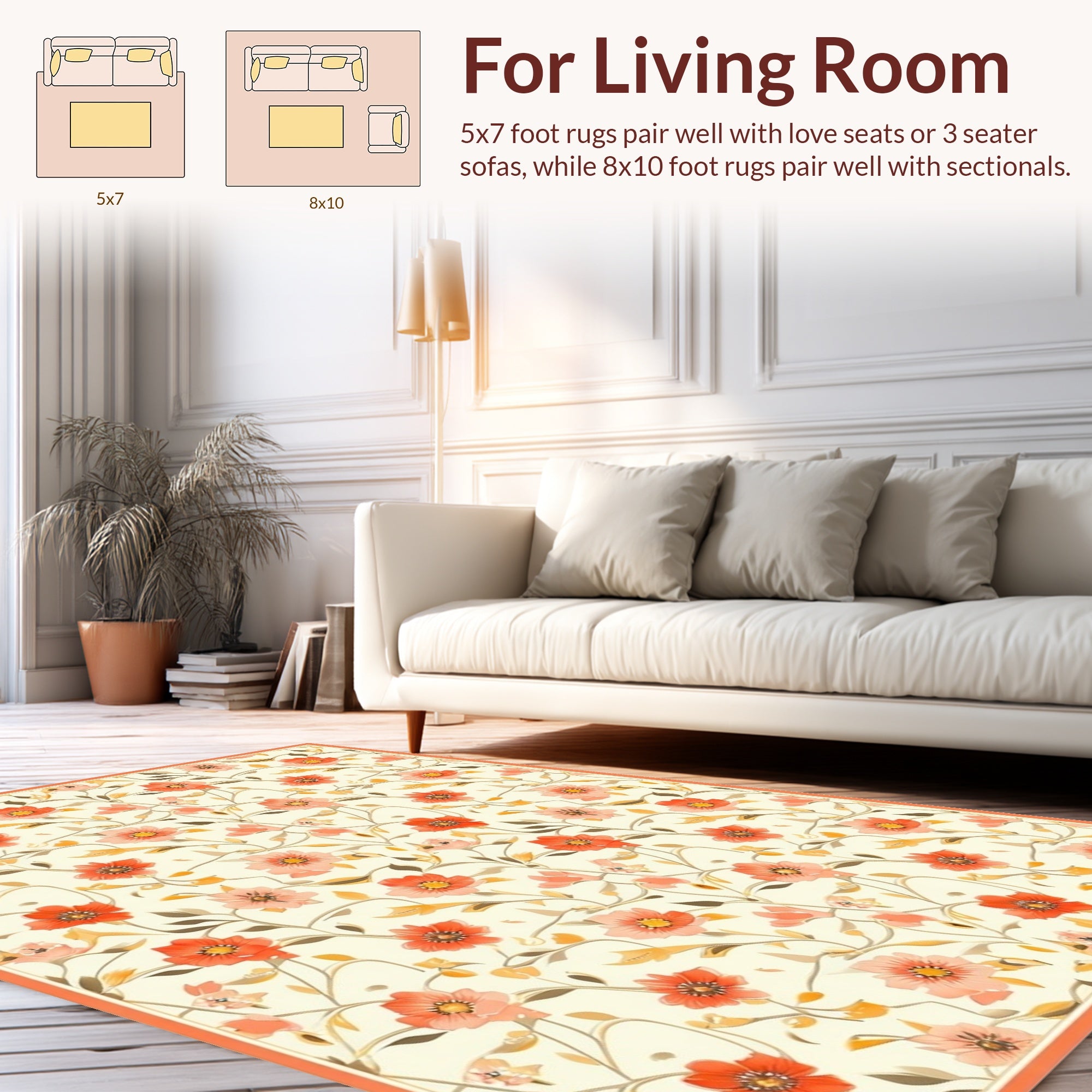 Whimsical Coral Floral Vine Pattern Rug