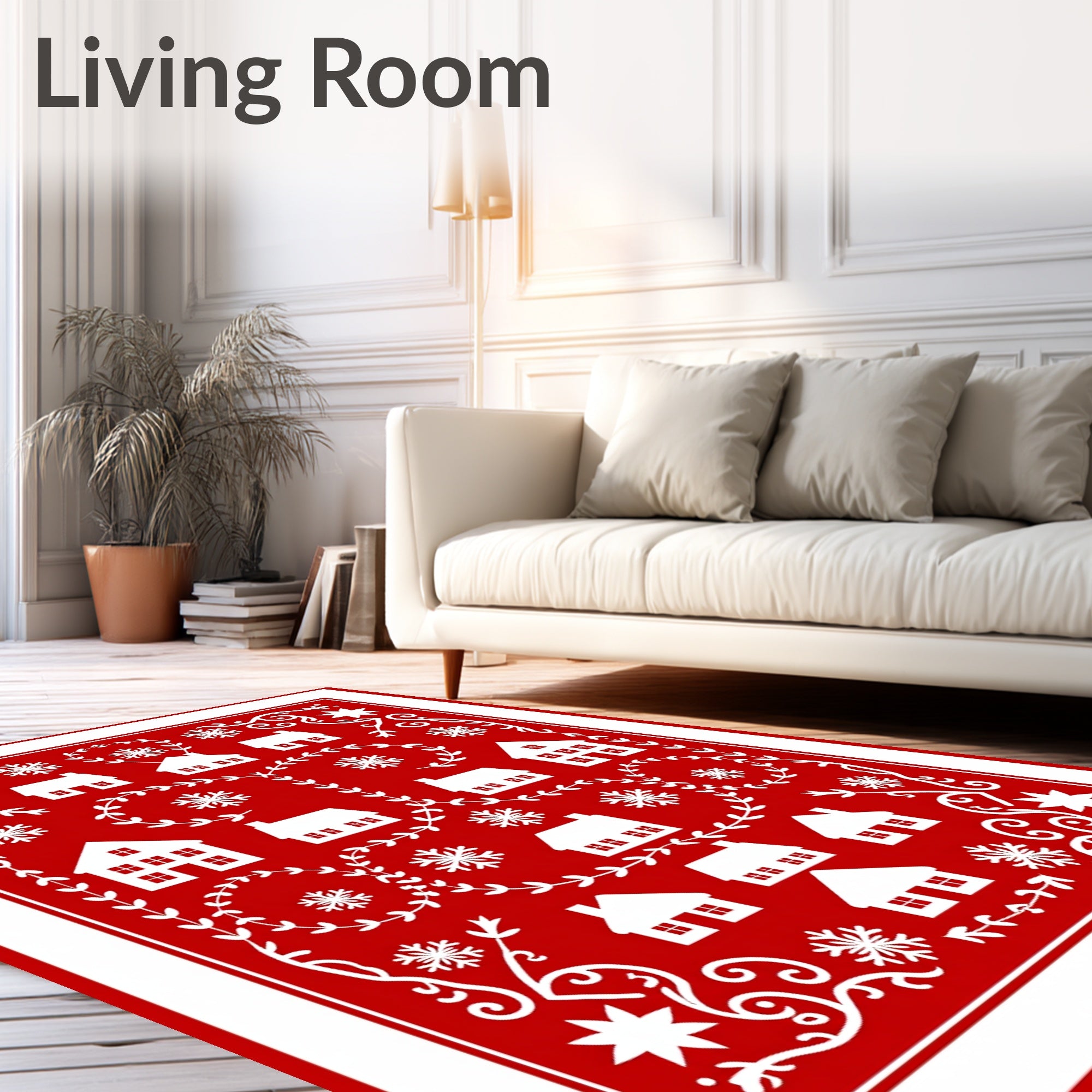Charming Red White Village Snowflakes Rug
