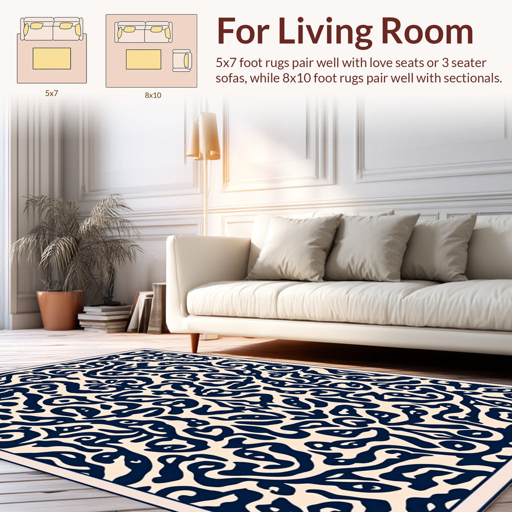 Ornate Navy Cream Scrollwork Pattern Rug