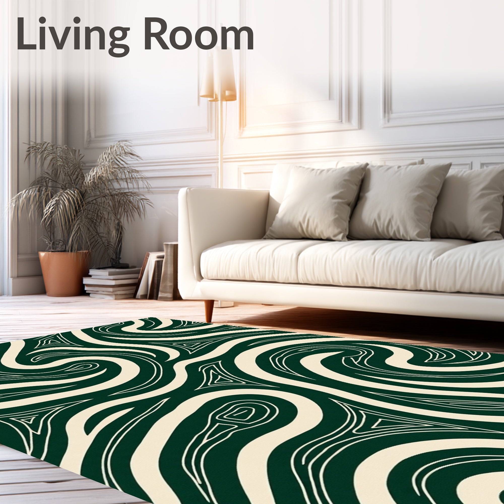Forest Green Cream Swirl Lines Rug