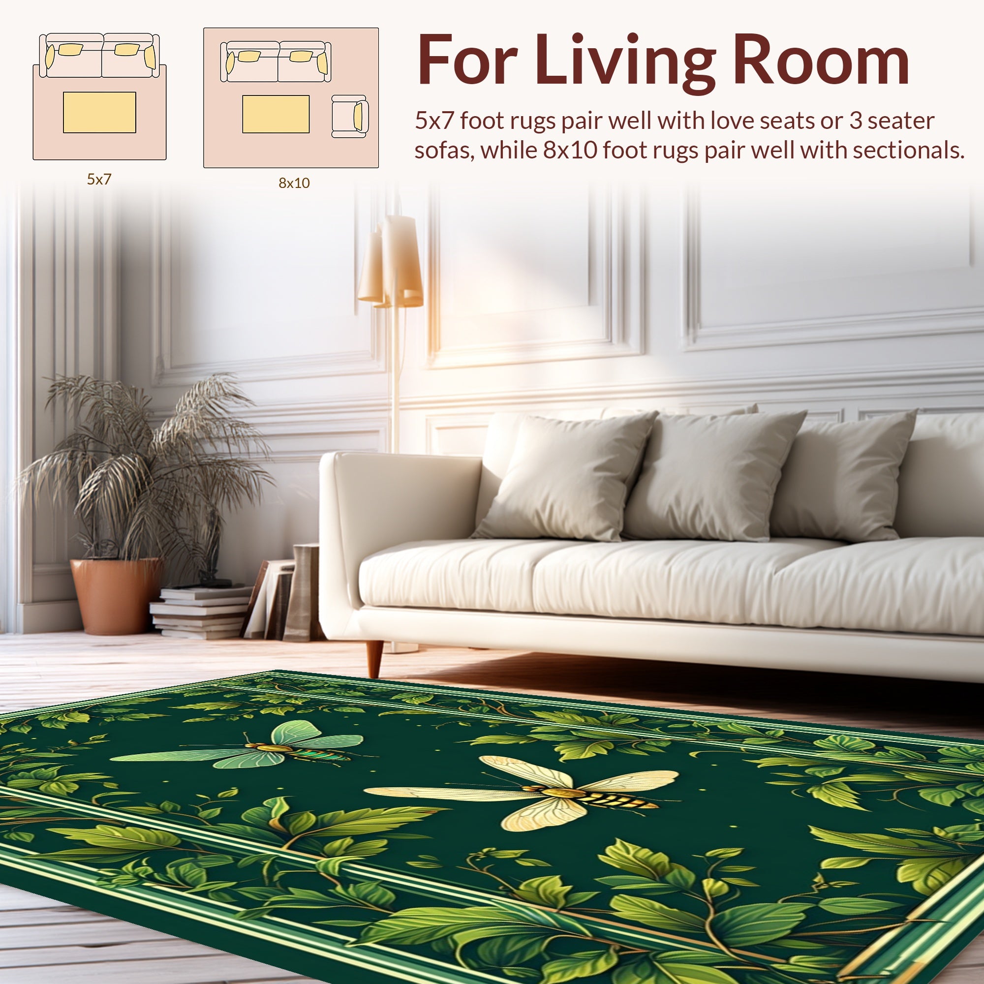 Green Floral With 2 Insects Art Rug